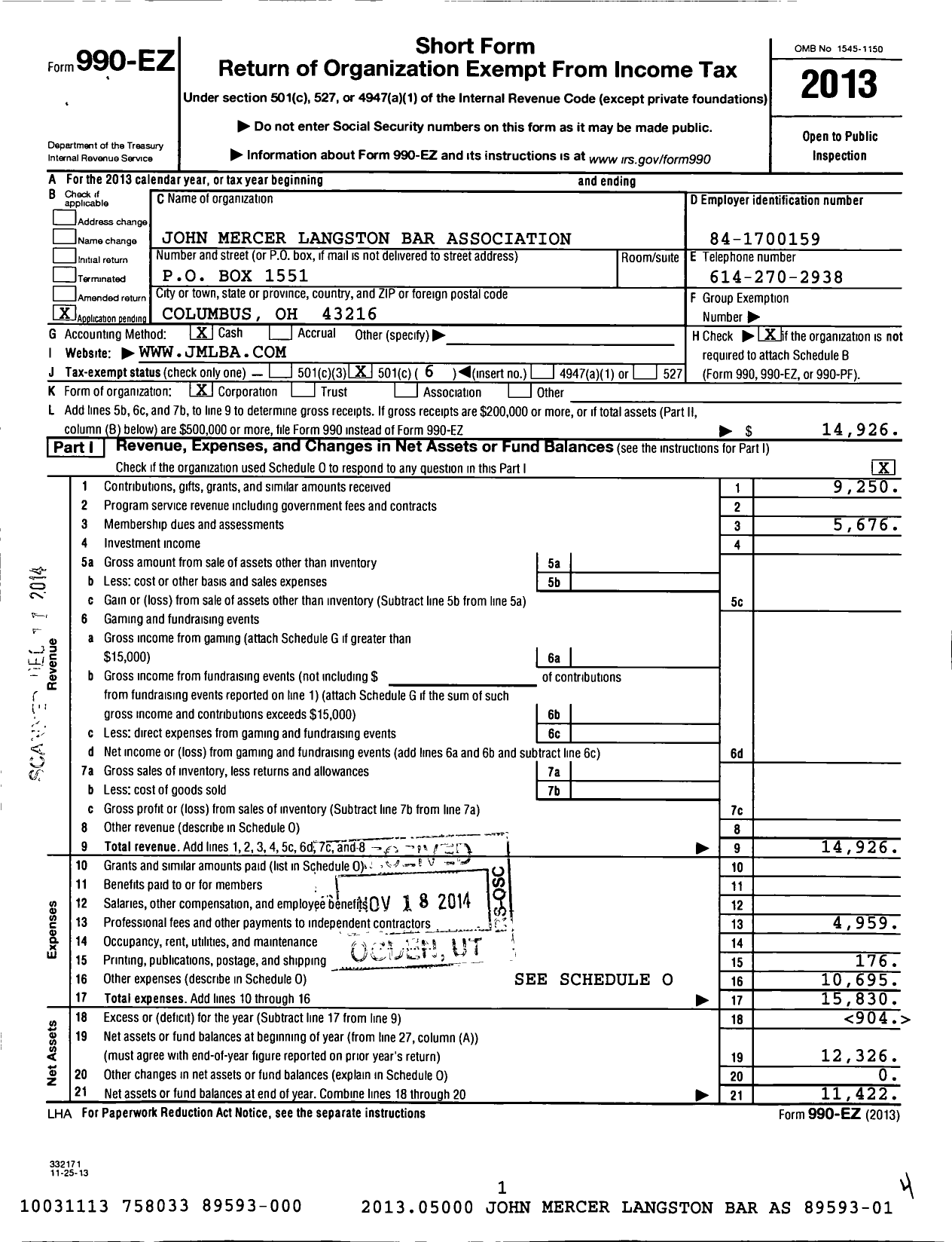 Image of first page of 2013 Form 990EO for John Mercer Langston Bar Association