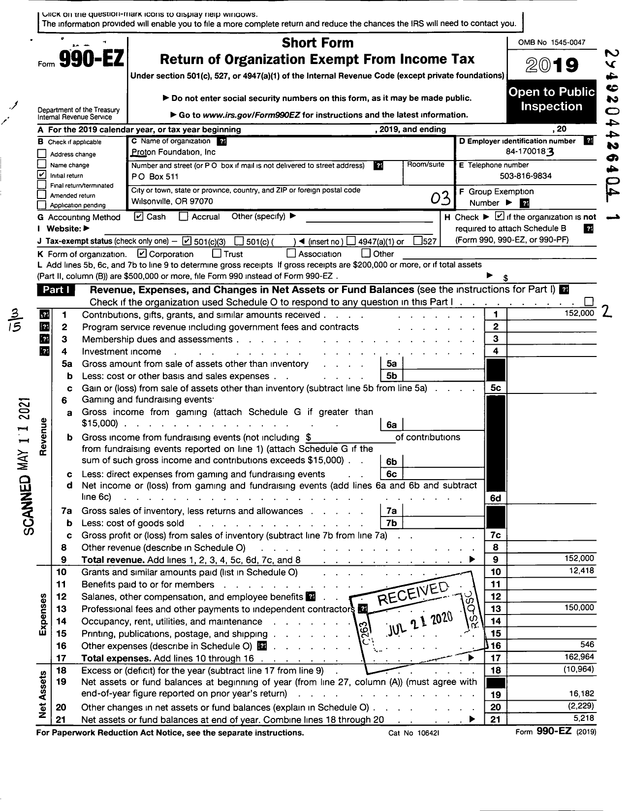 Image of first page of 2019 Form 990EZ for Proton Foundation