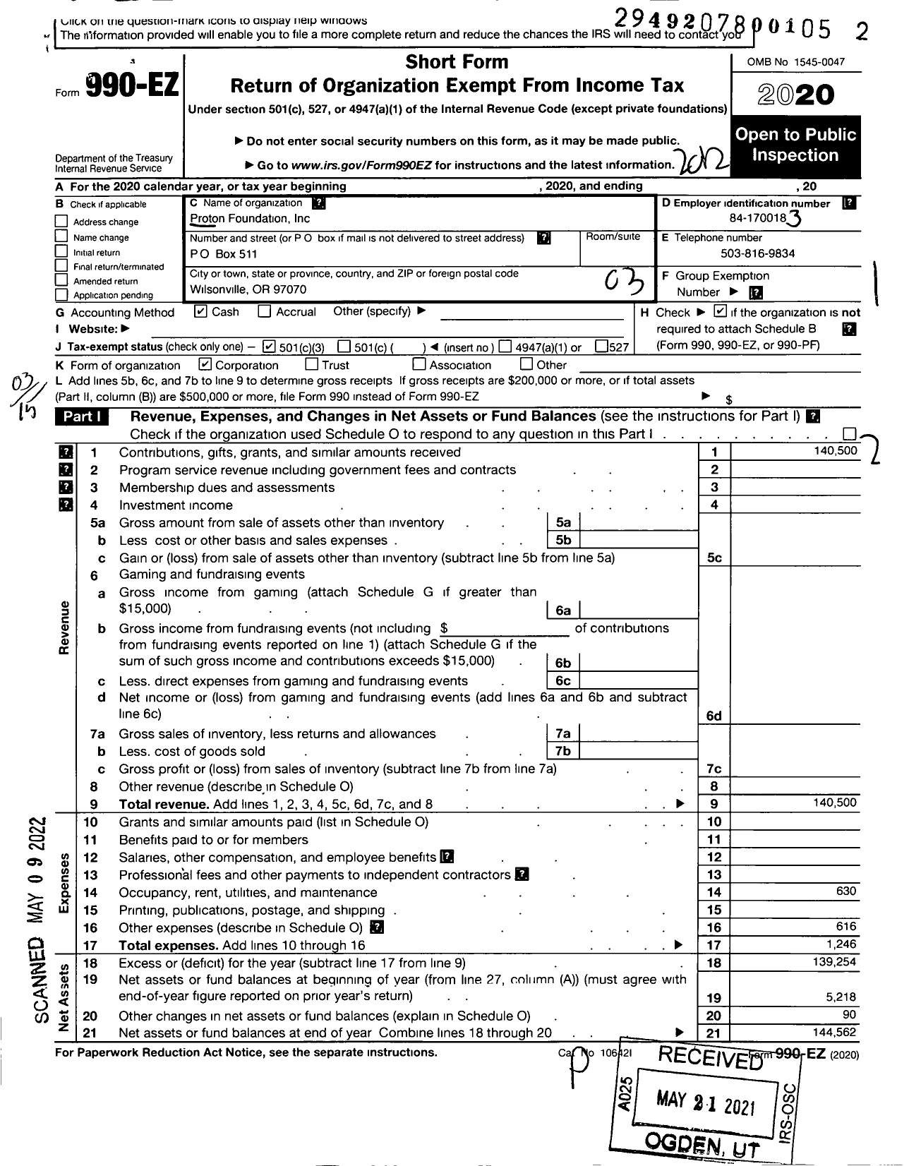 Image of first page of 2020 Form 990EZ for Proton Foundation