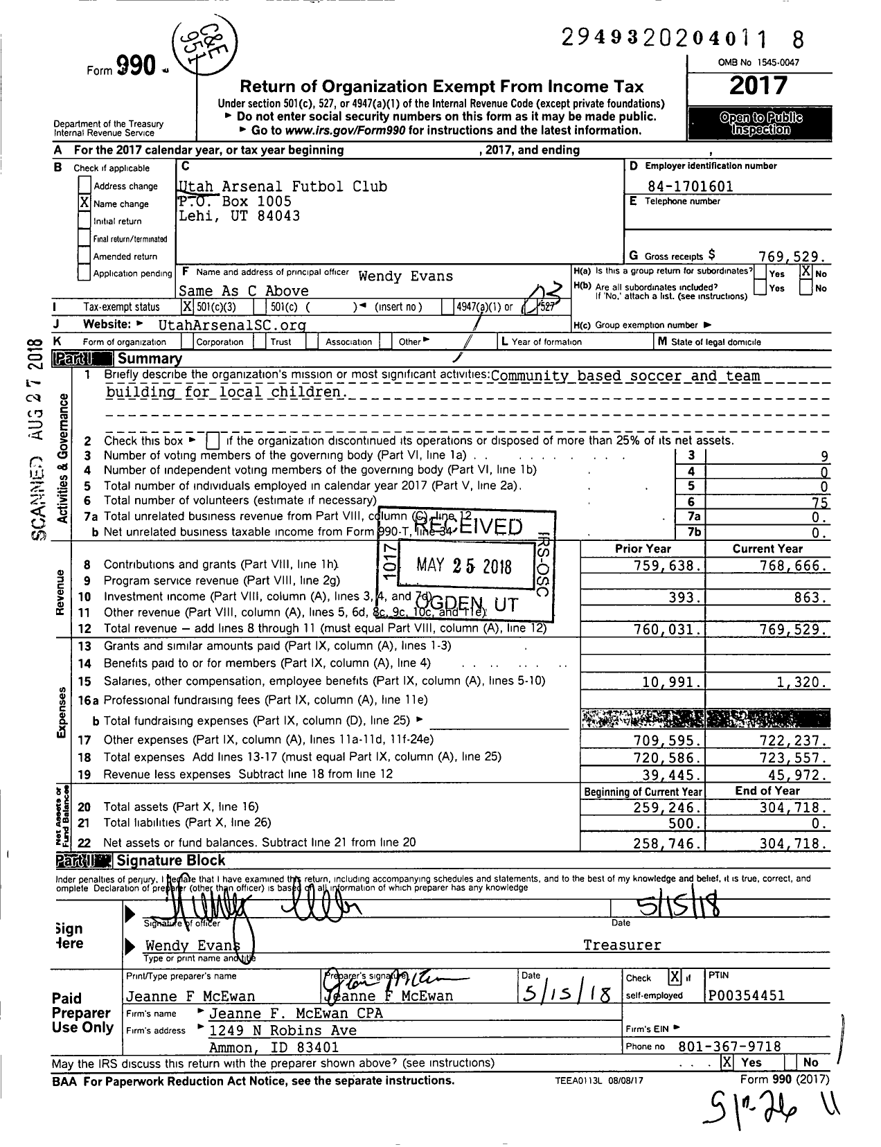 Image of first page of 2017 Form 990 for Utah Arsenal Futbol Club