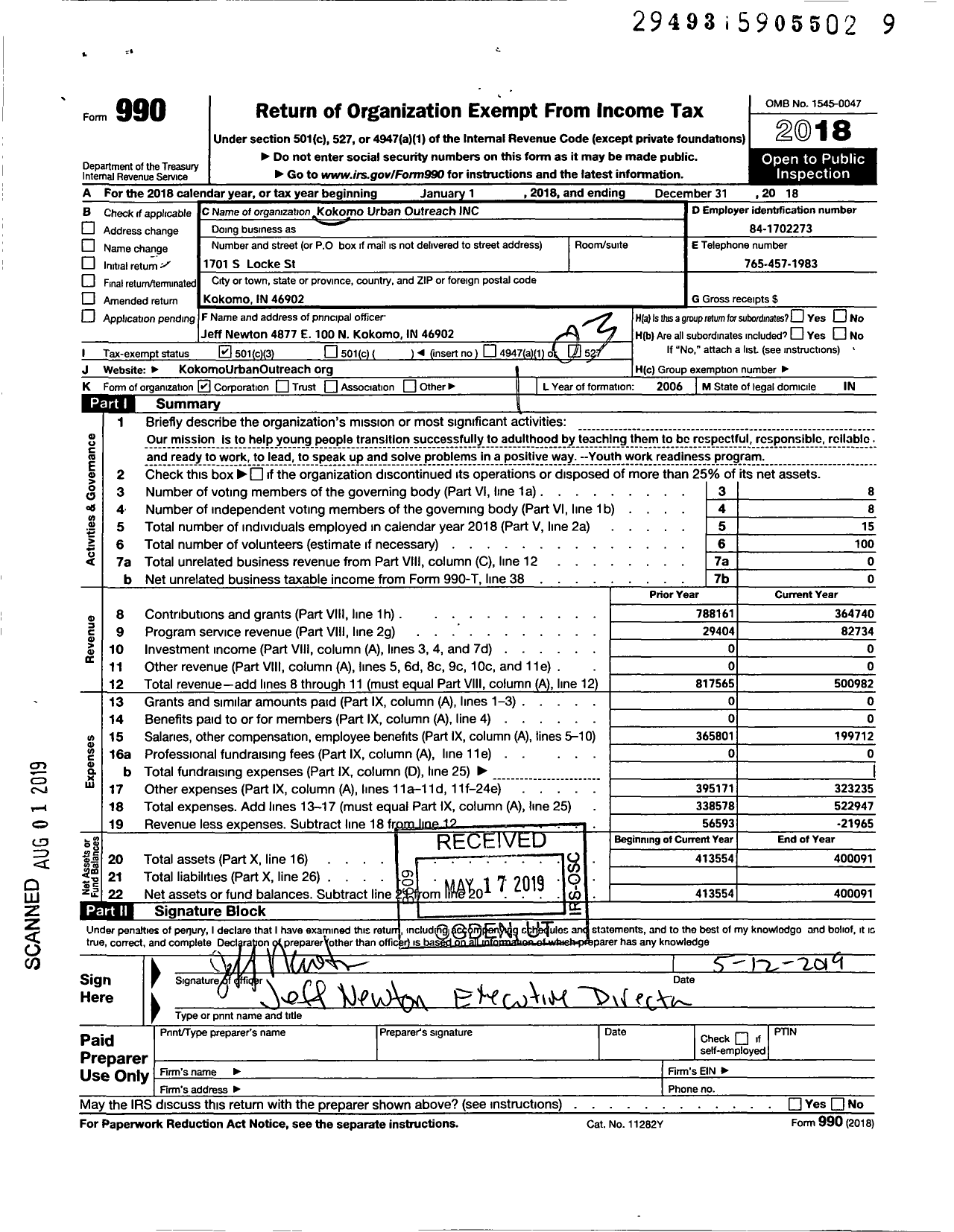 Image of first page of 2018 Form 990 for Kokomo Urban Outreach