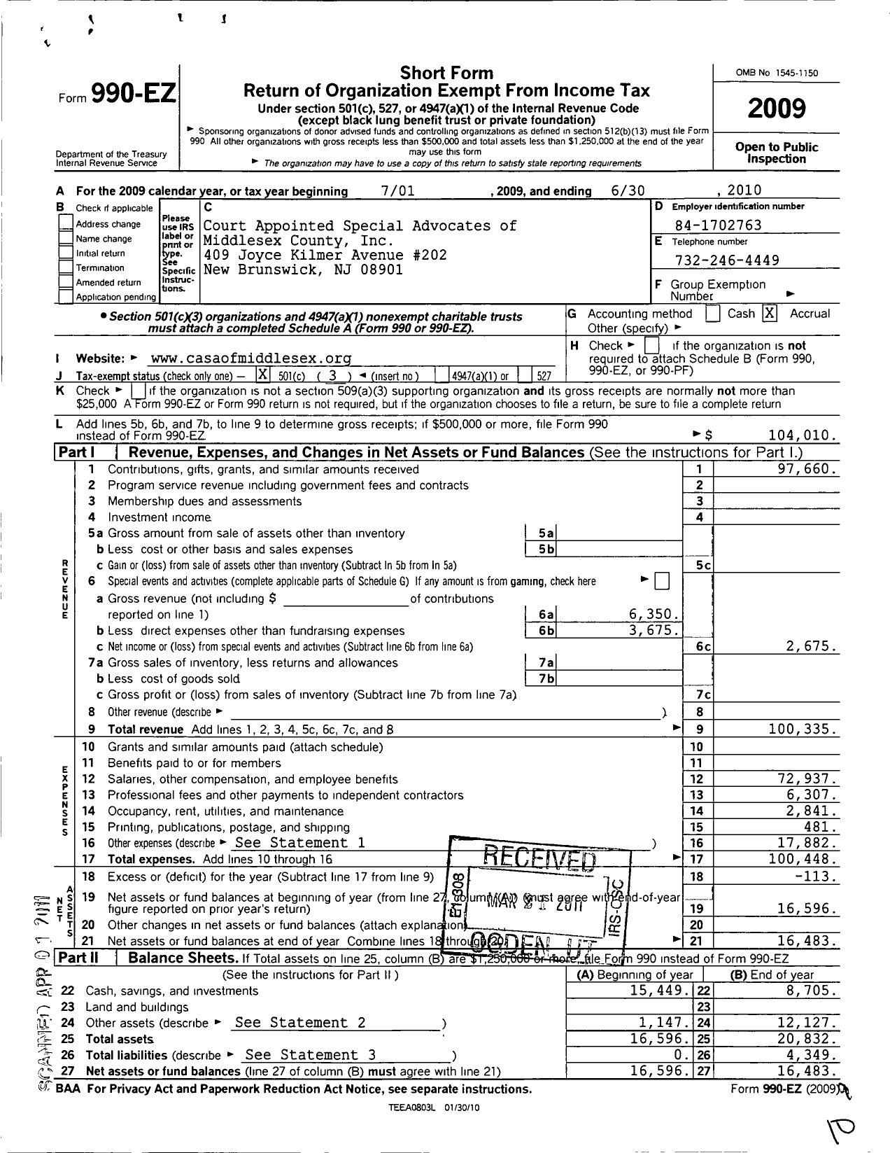 Image of first page of 2009 Form 990EZ for Court Appointed Special Advocates of Middlesex County