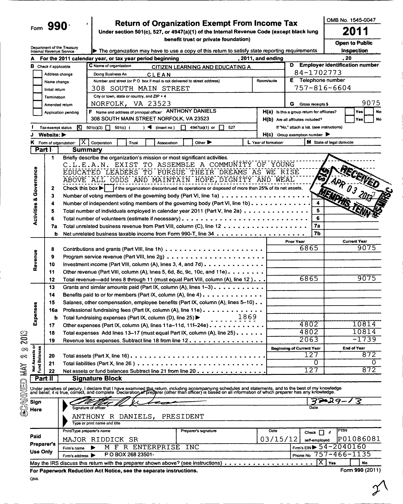 Image of first page of 2011 Form 990 for Citizens Learning and Educating About Neighborhood