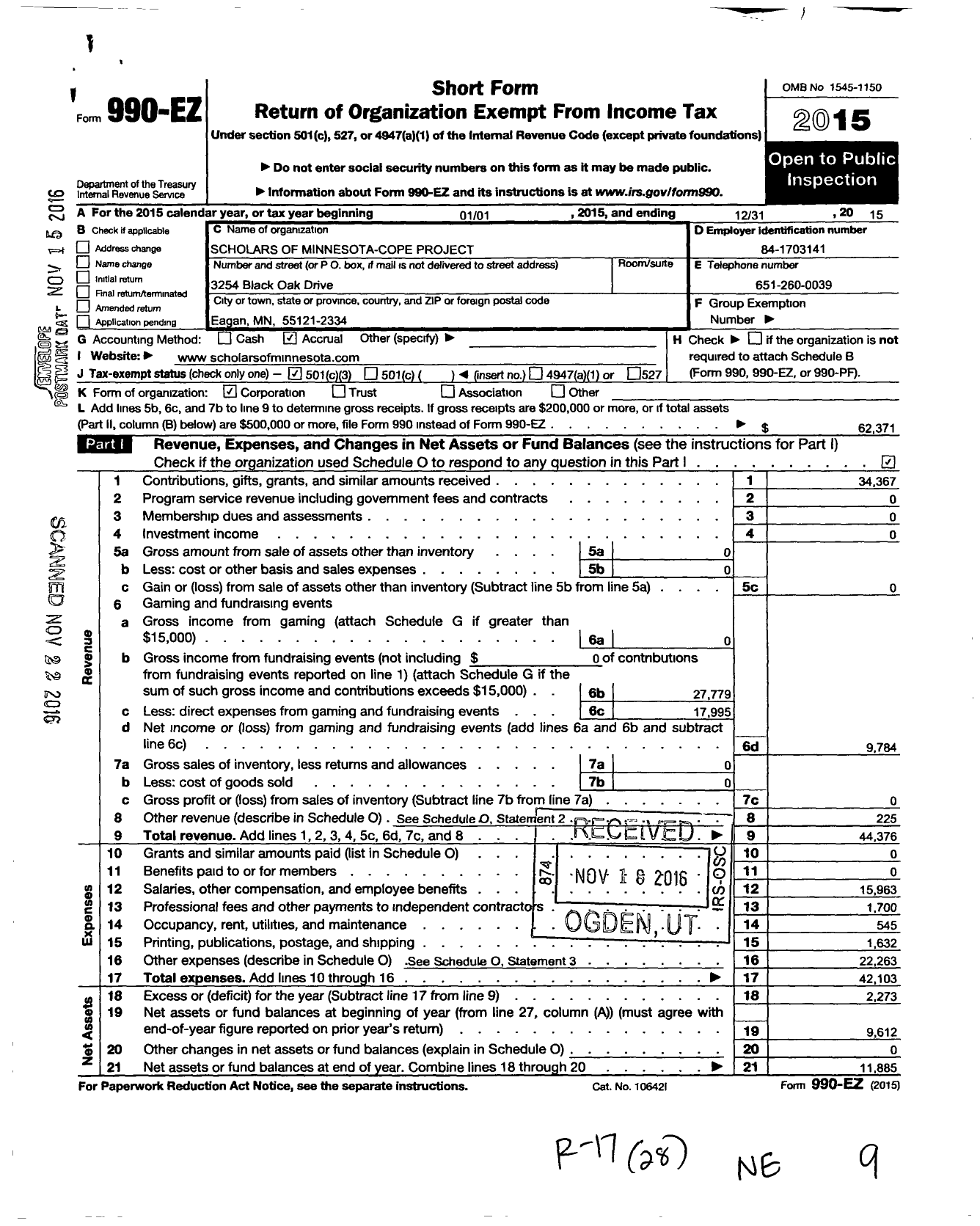 Image of first page of 2015 Form 990EZ for Scholars of Minnesota Cope Project