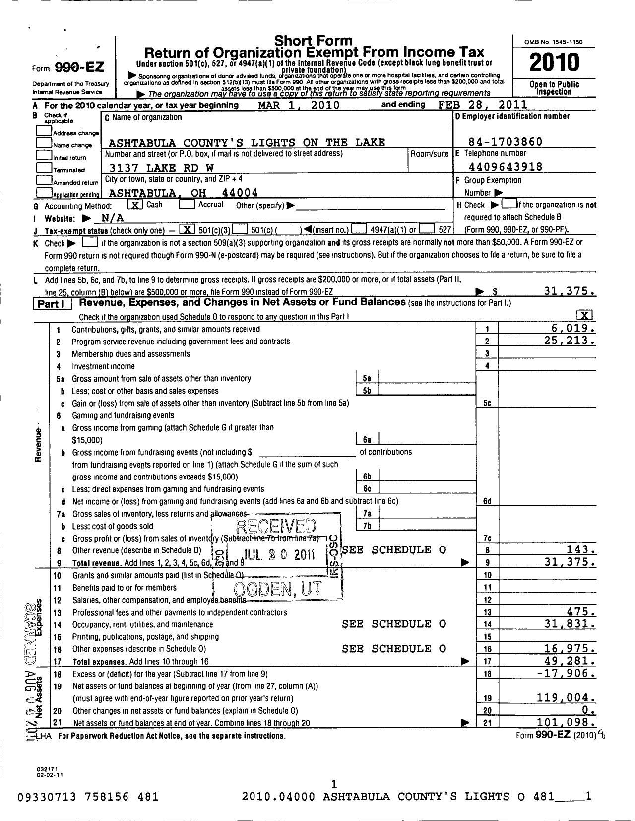 Image of first page of 2010 Form 990EZ for Ashtabula Counties Lights on the Lake