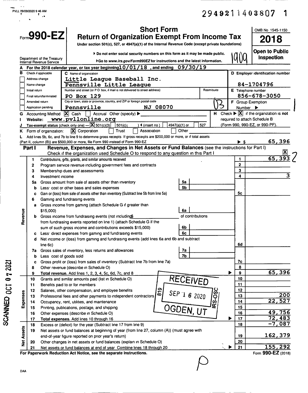 Image of first page of 2018 Form 990EZ for Little League Baseball - 2300308 Pennsville LL