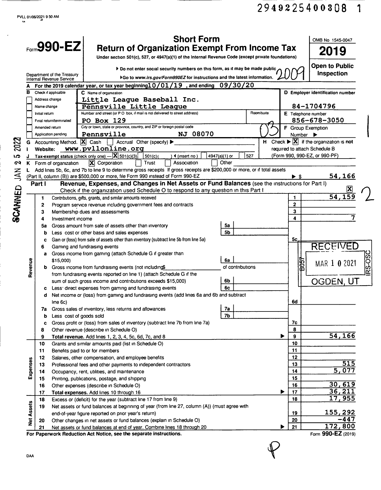 Image of first page of 2019 Form 990EZ for Little League Baseball - 2300308 Pennsville LL