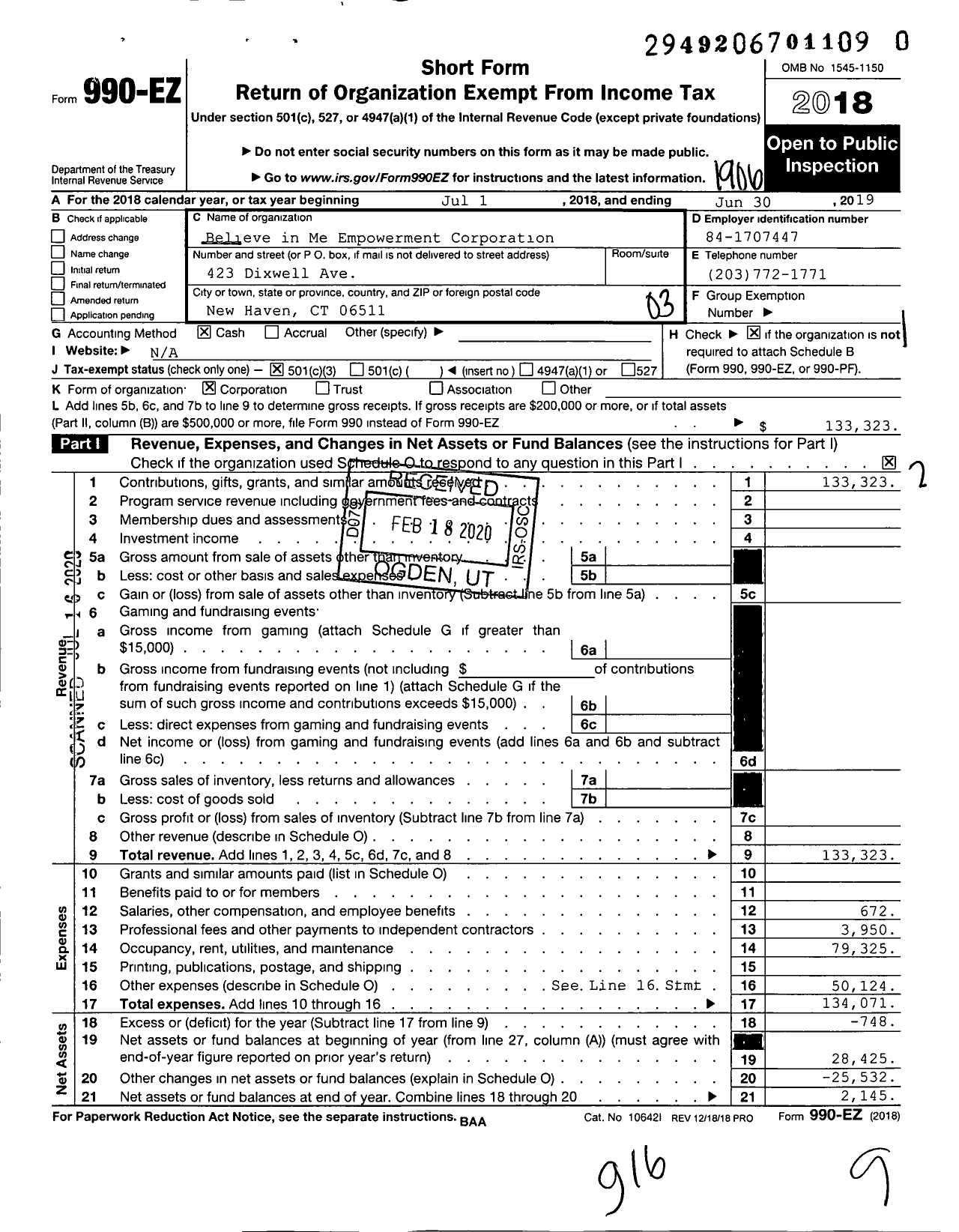 Image of first page of 2018 Form 990EZ for Believe in Me Empowerment Corporation