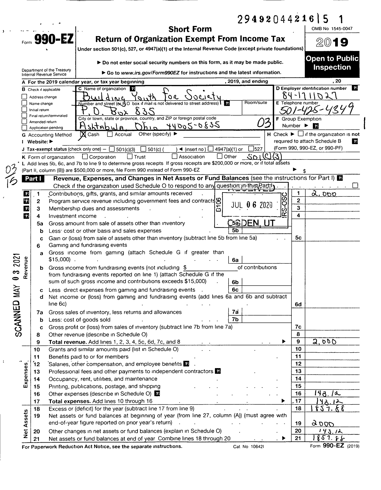 Image of first page of 2019 Form 990EZ for Building Youth for Society