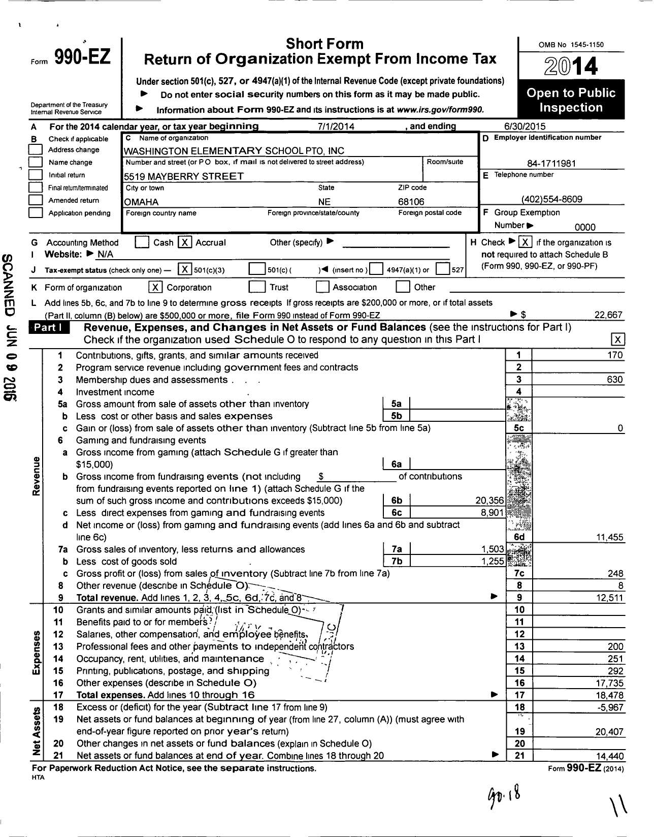 Image of first page of 2014 Form 990EZ for Washington Elementary School Parent Teacher Organization