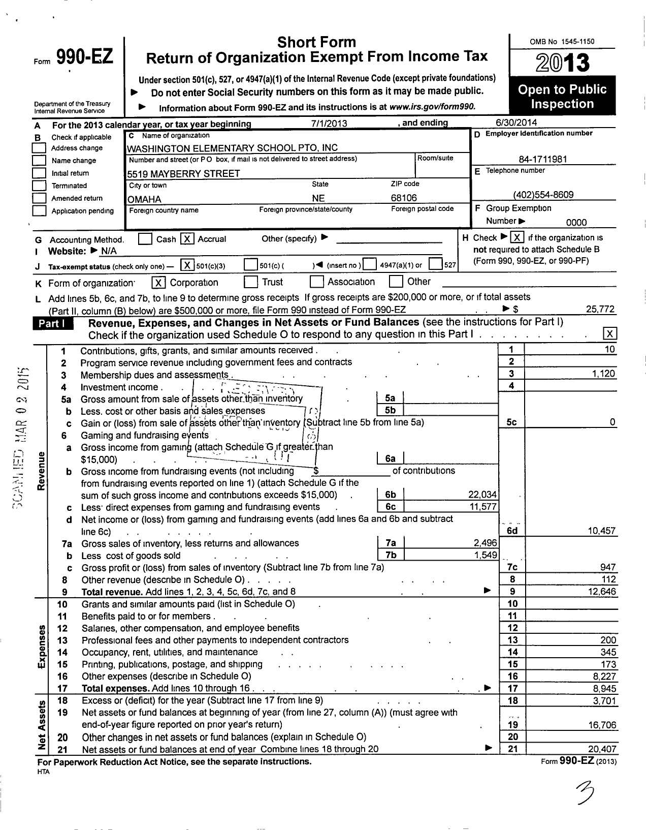 Image of first page of 2013 Form 990EZ for Washington Elementary School Parent Teacher Organization