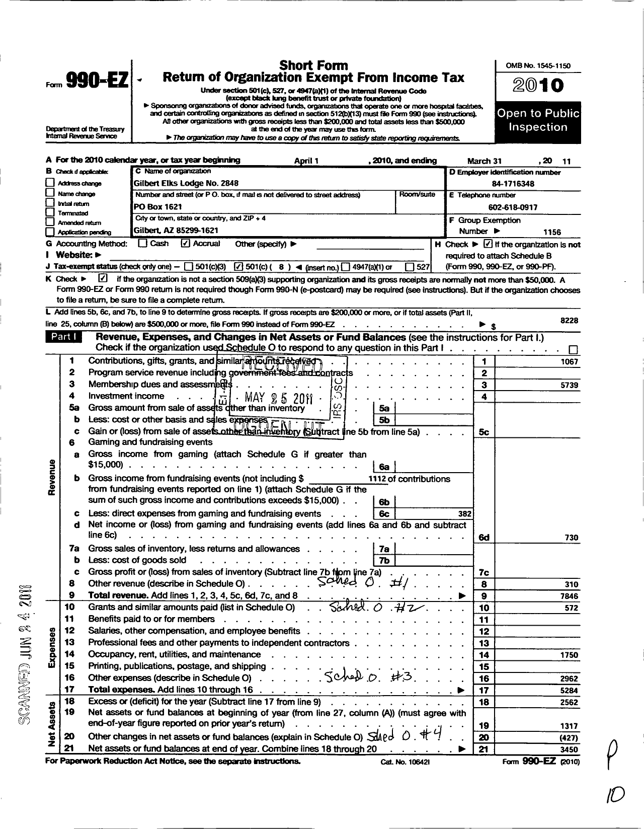 Image of first page of 2010 Form 990EO for Benevolent and Protective Order of Elks - Gilbert 2848