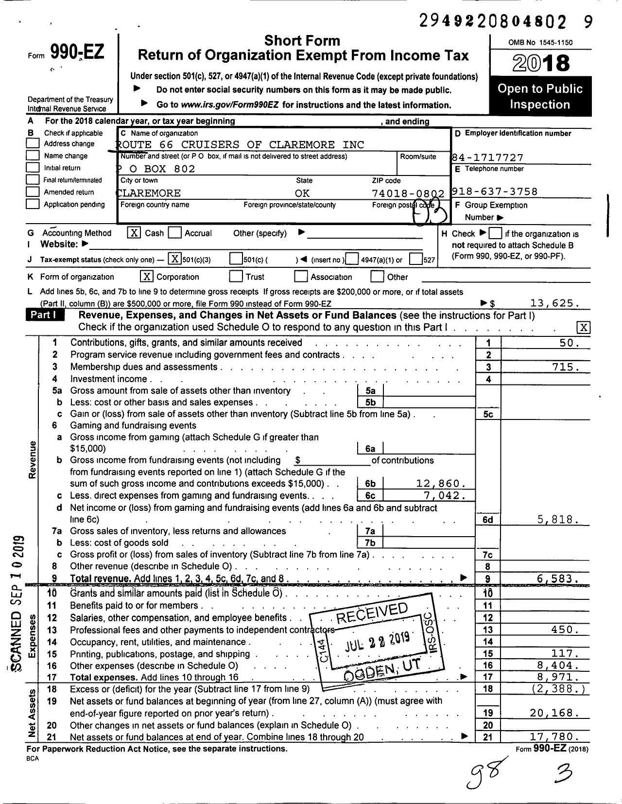 Image of first page of 2018 Form 990EZ for Route 66 Cruisers of Claremore