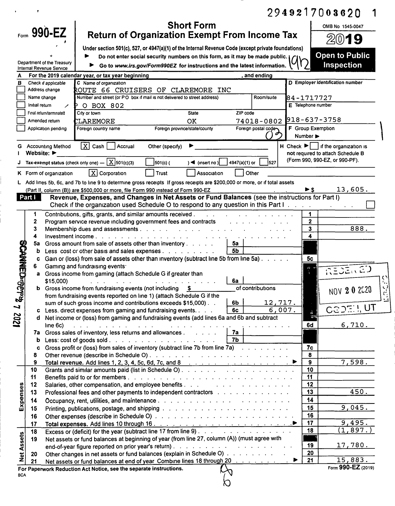 Image of first page of 2019 Form 990EZ for Route 66 Cruisers of Claremore