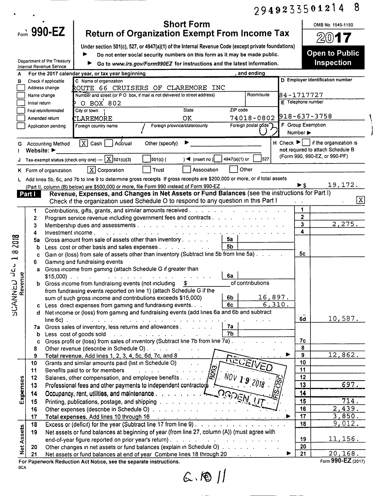 Image of first page of 2017 Form 990EZ for Route 66 Cruisers of Claremore