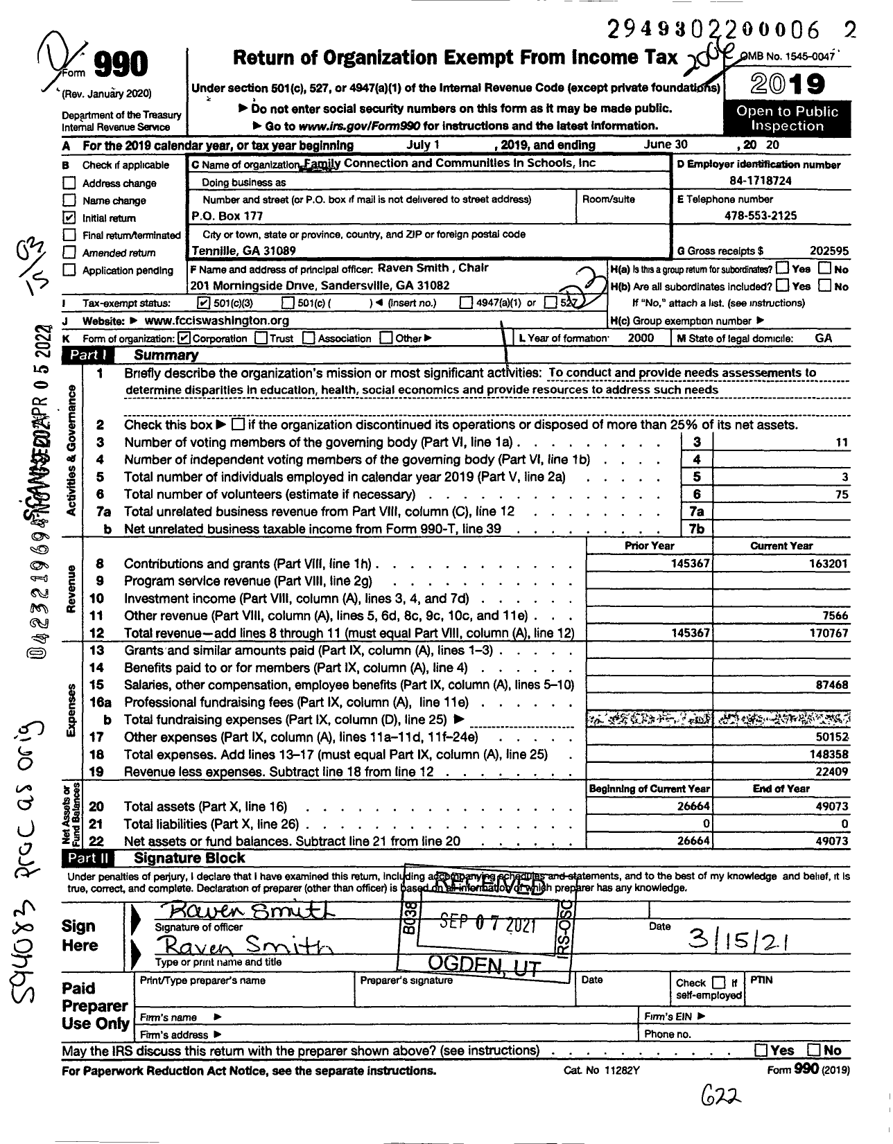 Image of first page of 2019 Form 990 for Family Connection and Cis of Wash