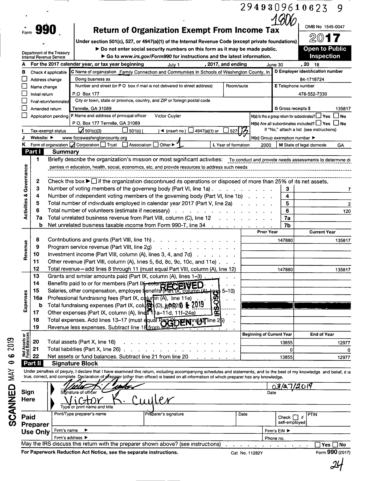 Image of first page of 2017 Form 990 for Family Connection and Cis of Wash