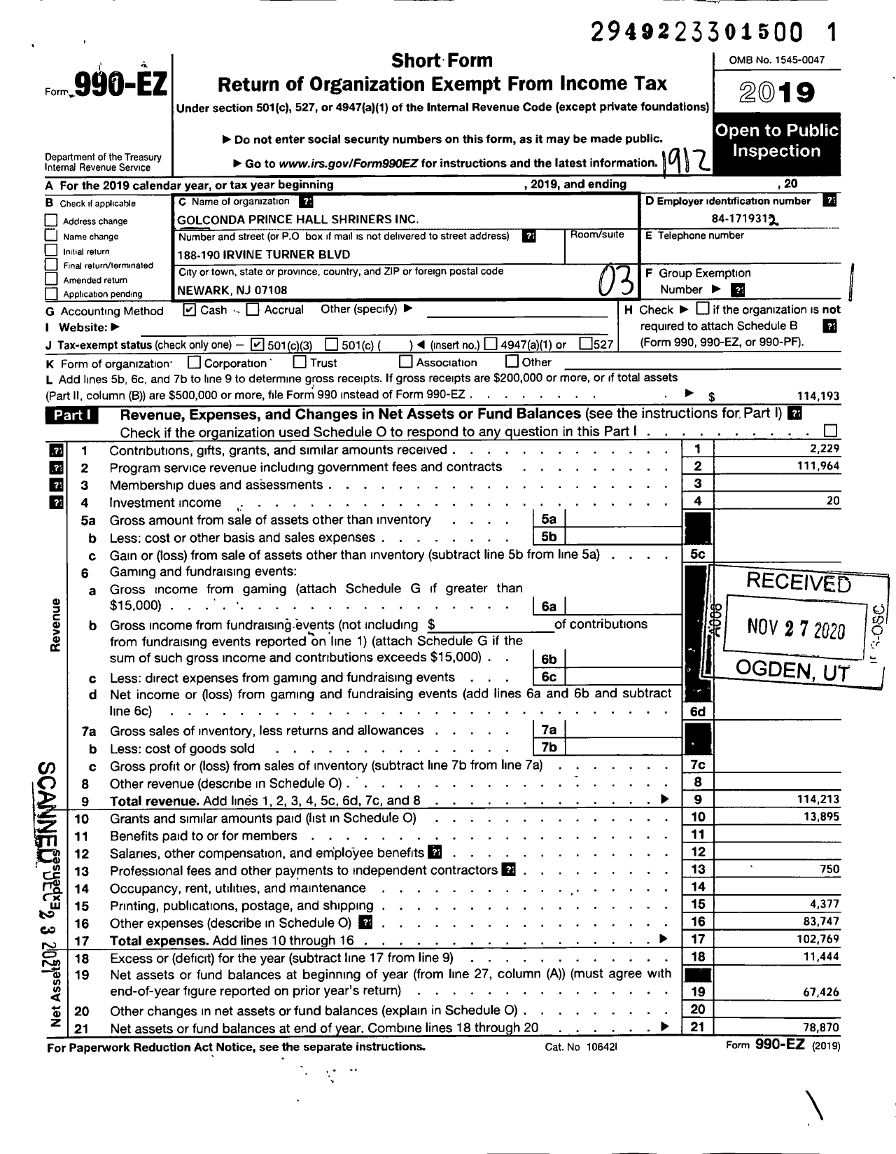 Image of first page of 2019 Form 990EZ for Golconca Prince Hall Shriners