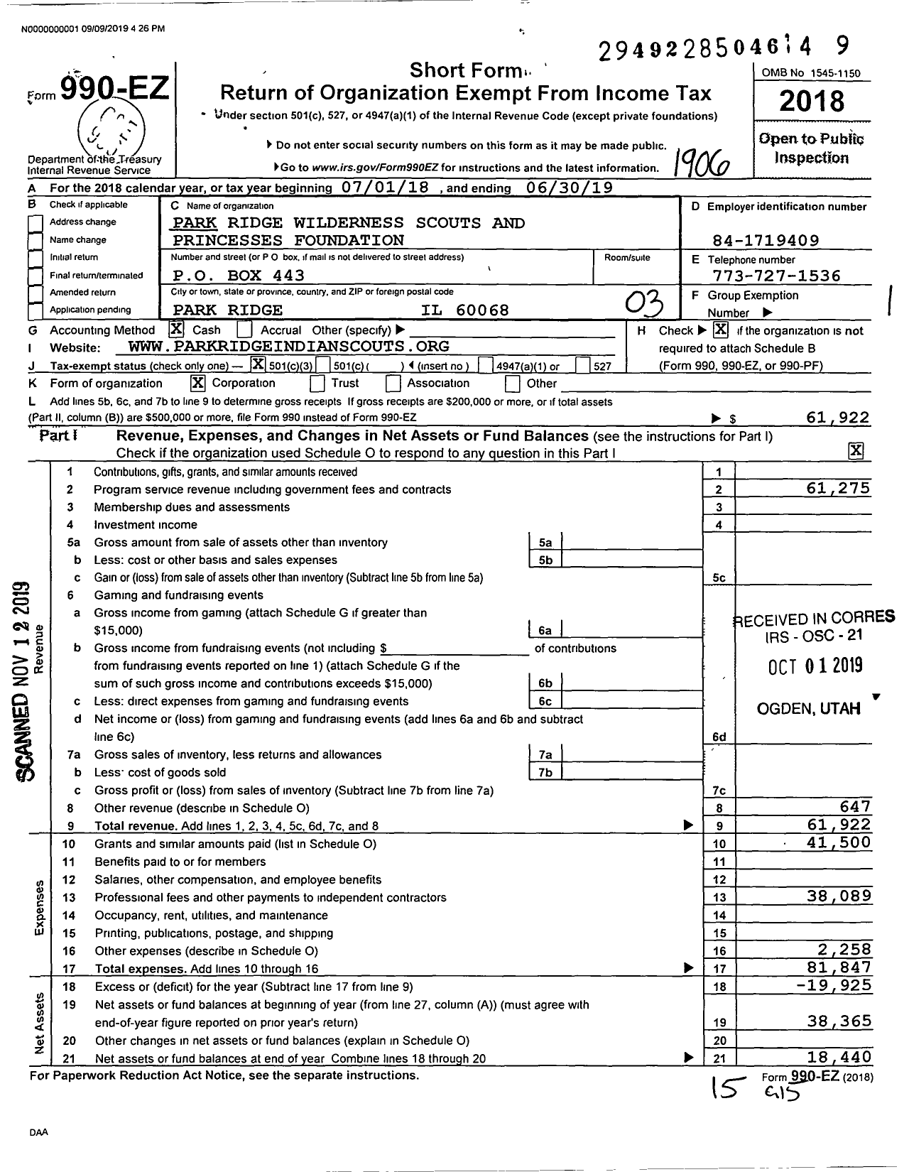 Image of first page of 2018 Form 990EZ for Park Ridge Wilderness Scouts and Princesses Foundation