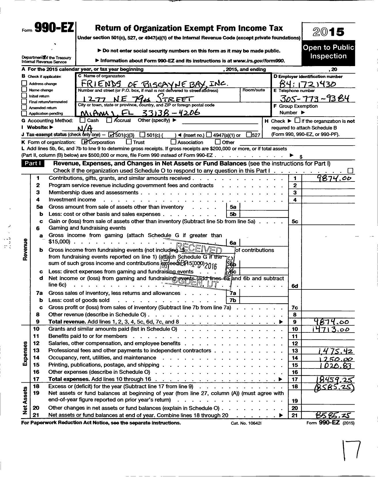 Image of first page of 2015 Form 990EZ for Friends of Biscayne Bay