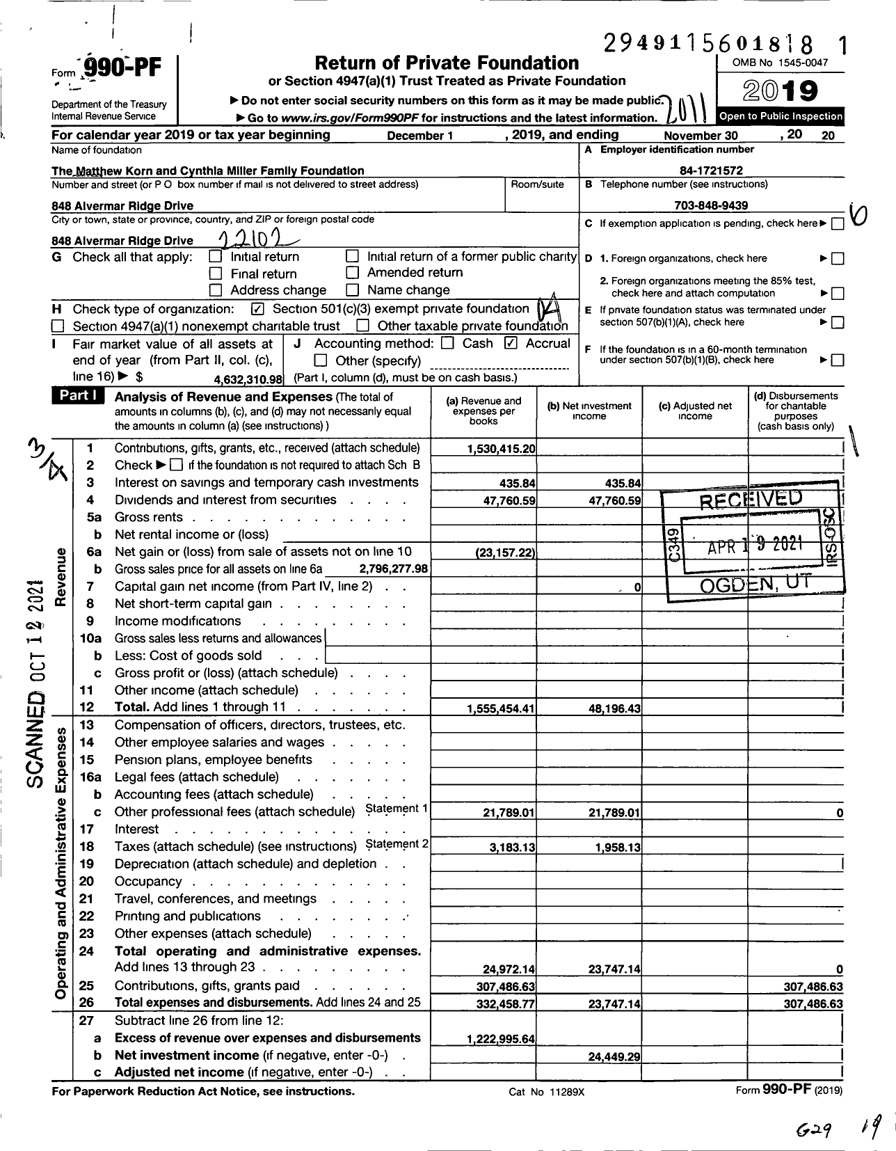 Image of first page of 2019 Form 990PF for The Matthew Korn and Cynthia Miller Family Foundation