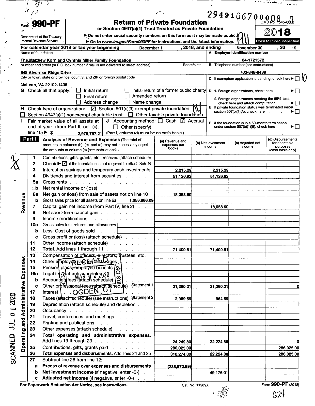 Image of first page of 2018 Form 990PR for The Matthew Korn and Cynthia Miller Family Foundation