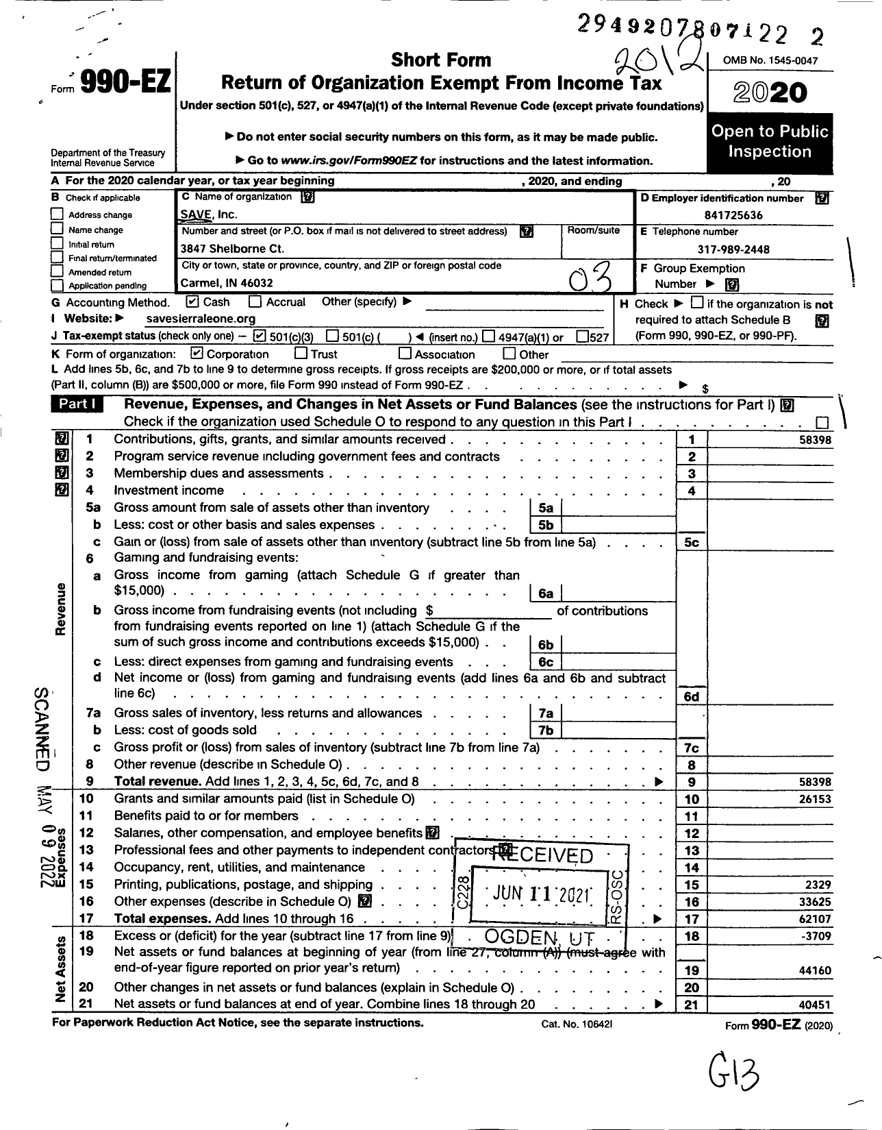 Image of first page of 2020 Form 990EZ for S A V E