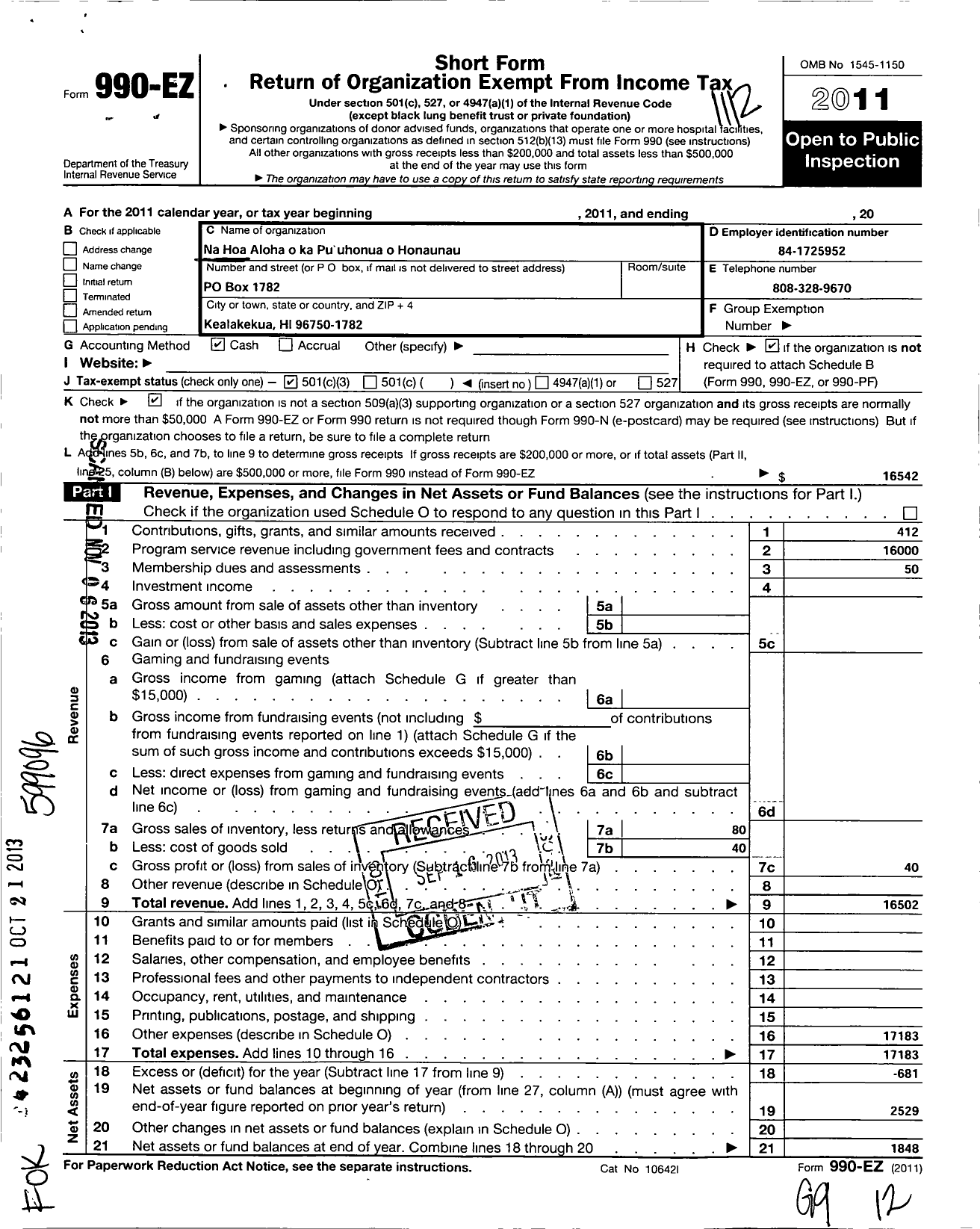Image of first page of 2011 Form 990EZ for Na Hoa Aloha O Ka Pu Uhonua O Honaunau