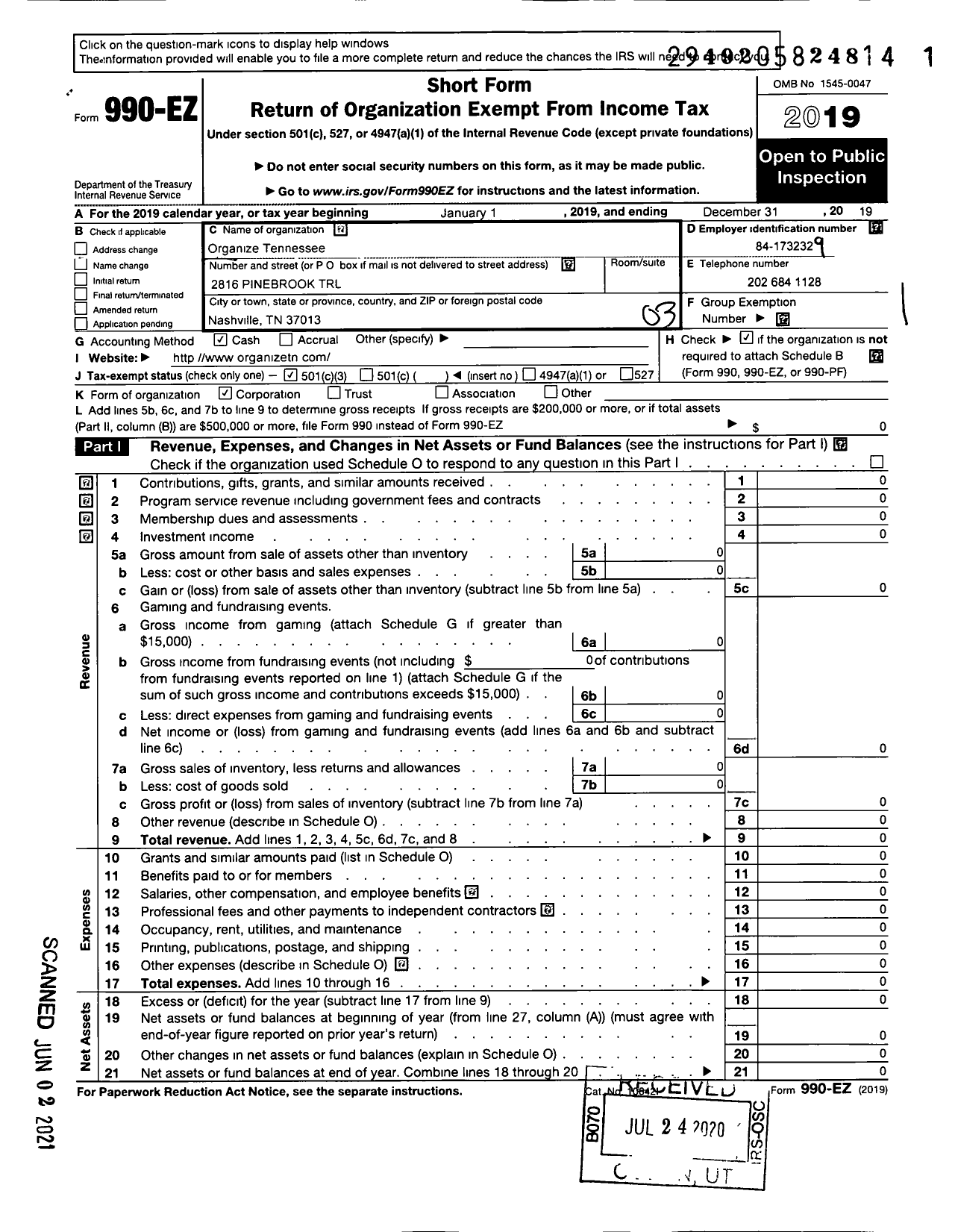 Image of first page of 2019 Form 990EZ for Organize Tennessee