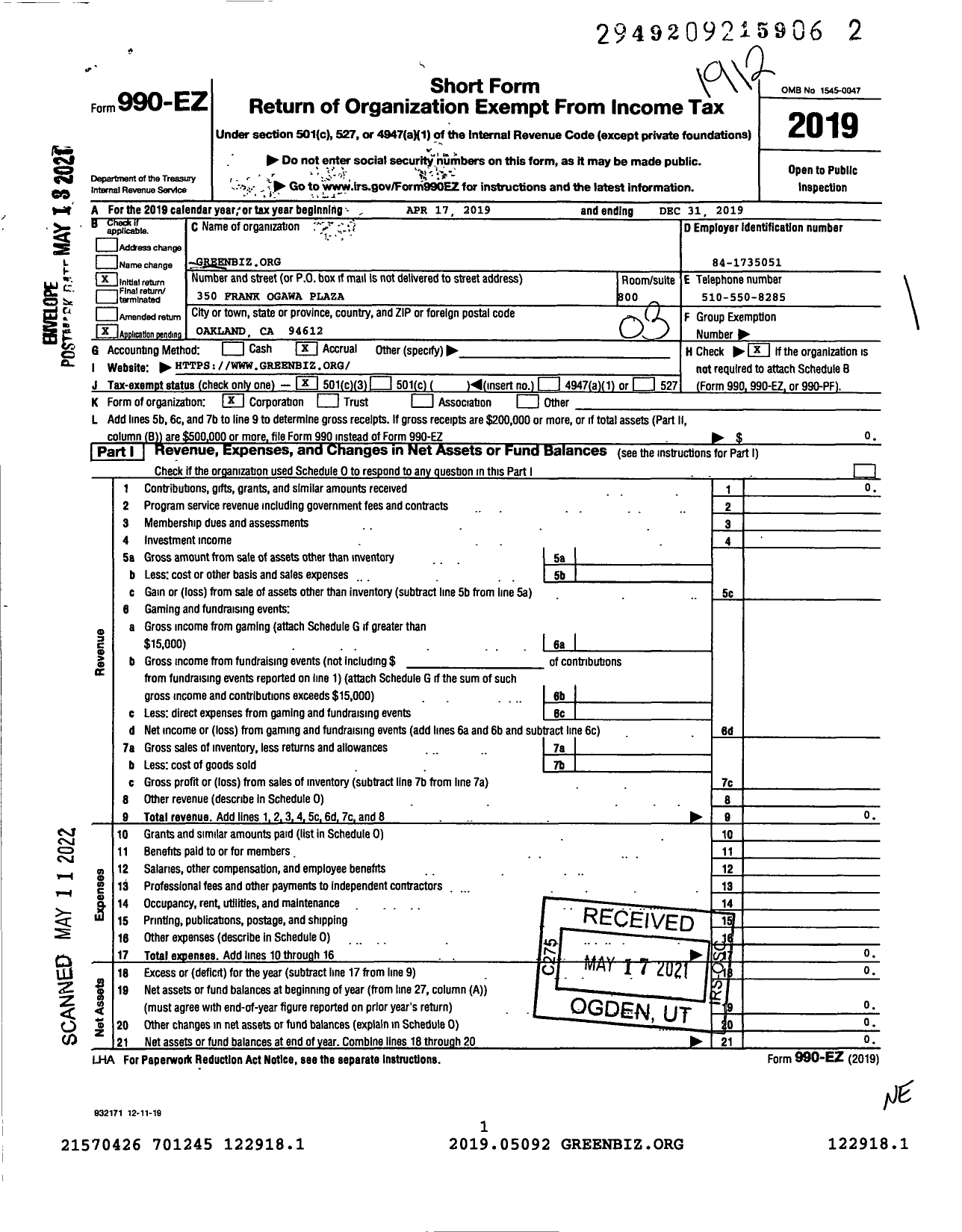 Image of first page of 2019 Form 990EZ for Greenbizorg