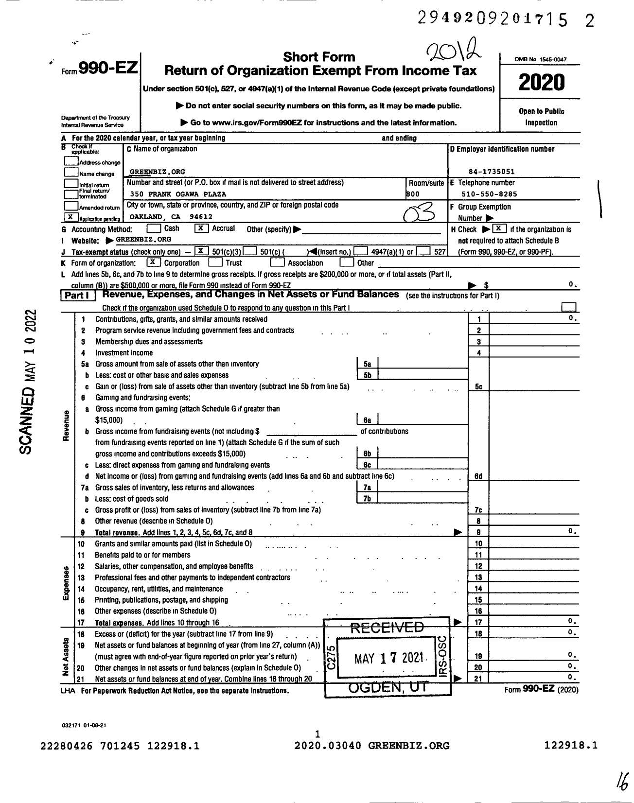 Image of first page of 2020 Form 990EZ for Greenbizorg