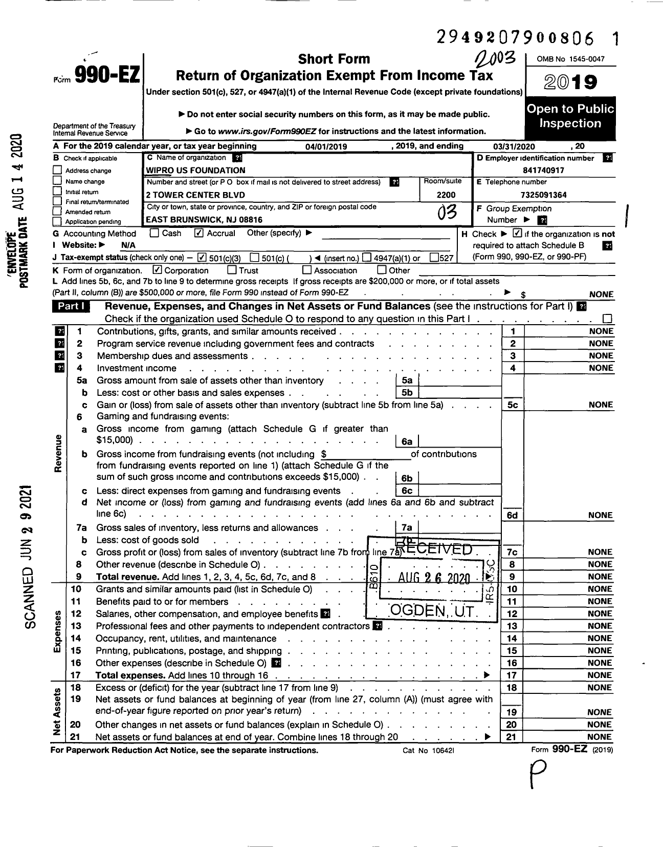 Image of first page of 2019 Form 990EZ for Wipro Us Foundation