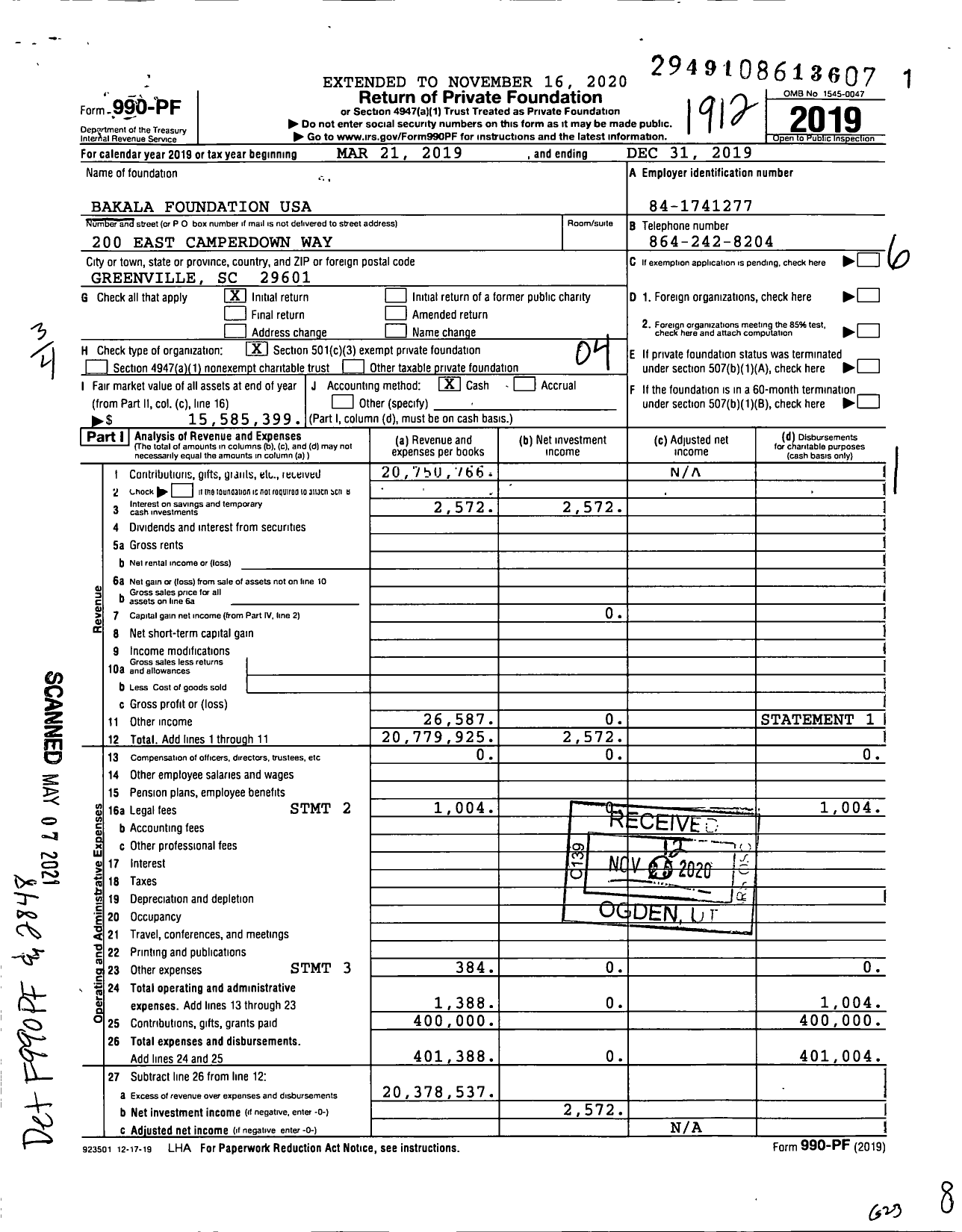 Image of first page of 2019 Form 990PF for Bakala Foundation USA