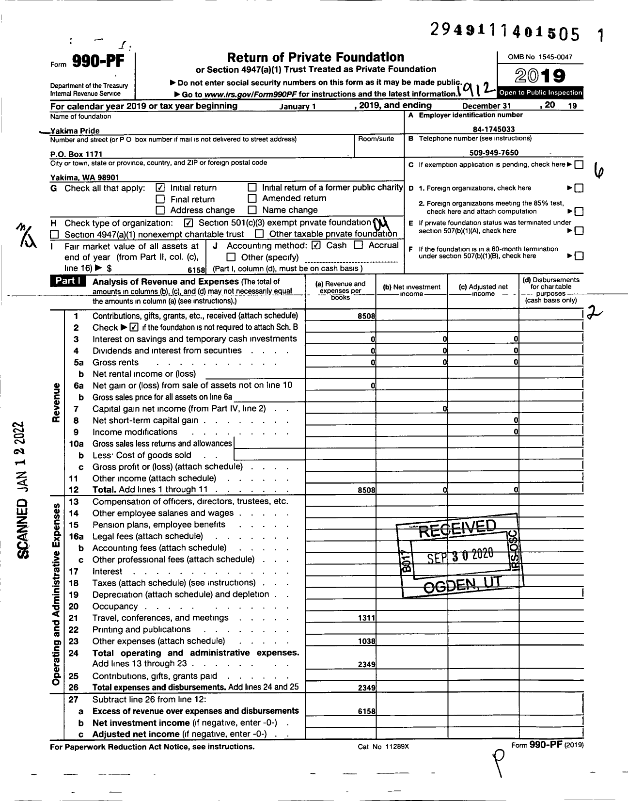 Image of first page of 2019 Form 990PF for Yakima Pride