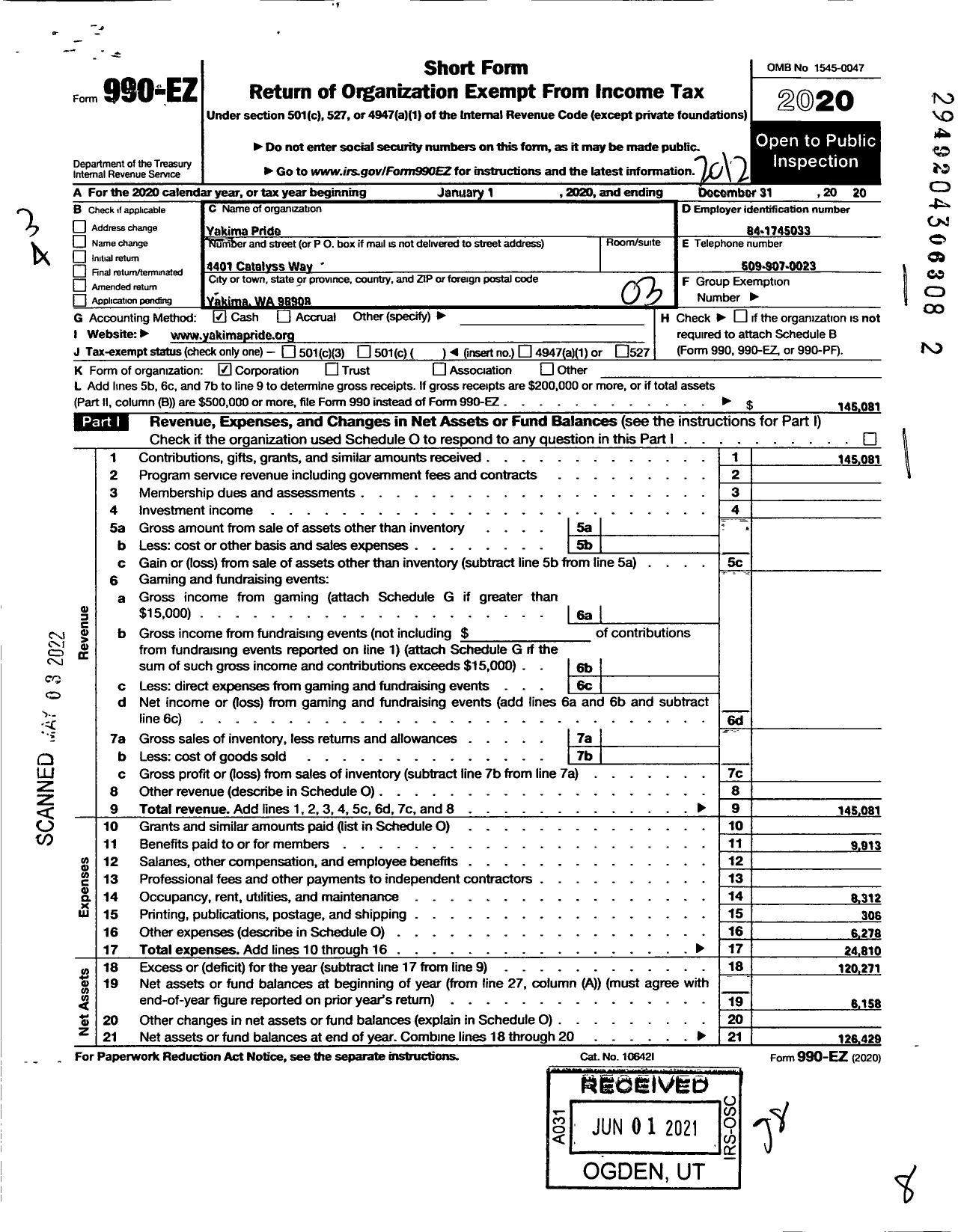 Image of first page of 2020 Form 990EZ for Yakima Pride