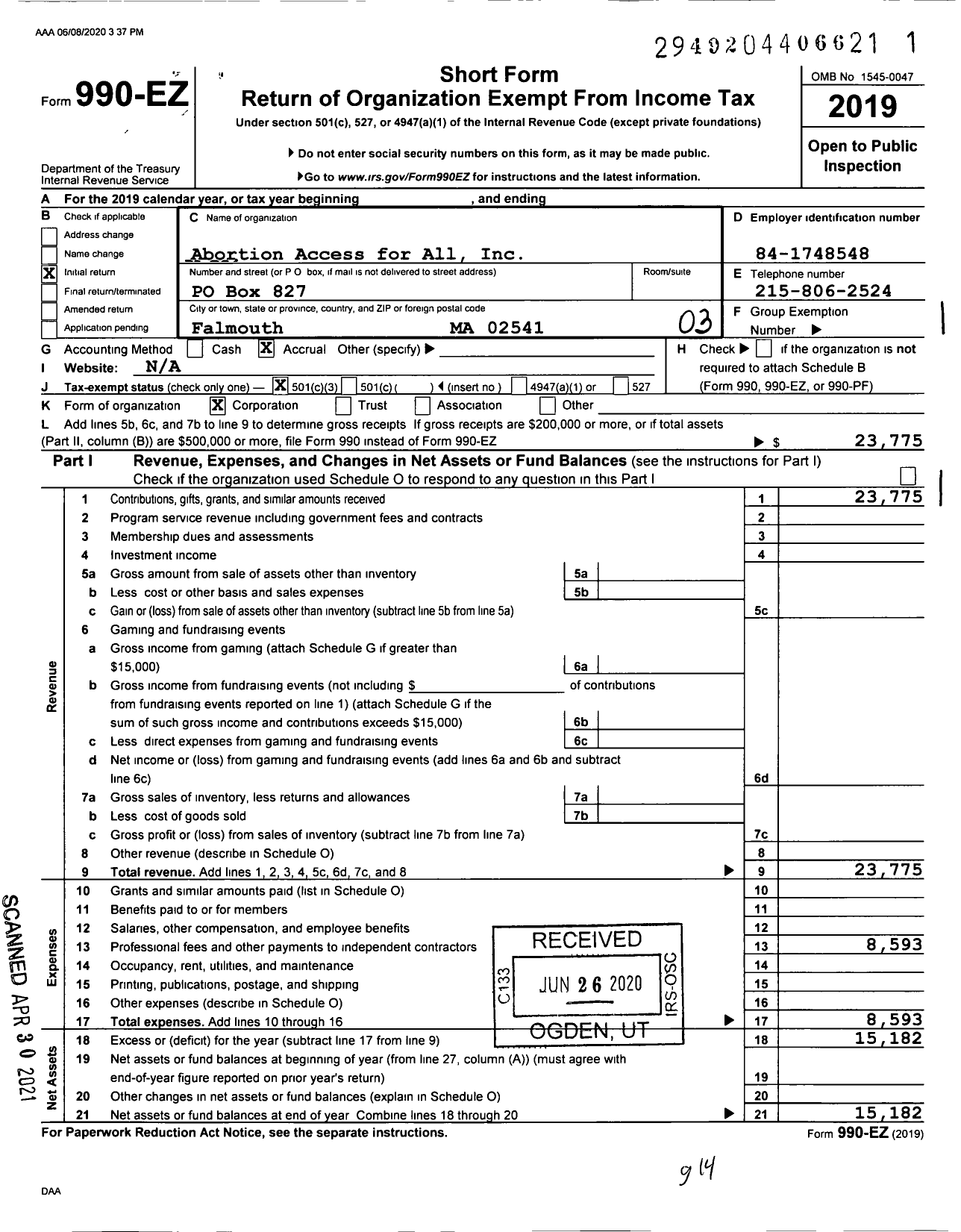 Image of first page of 2019 Form 990EZ for Abortion Access for All