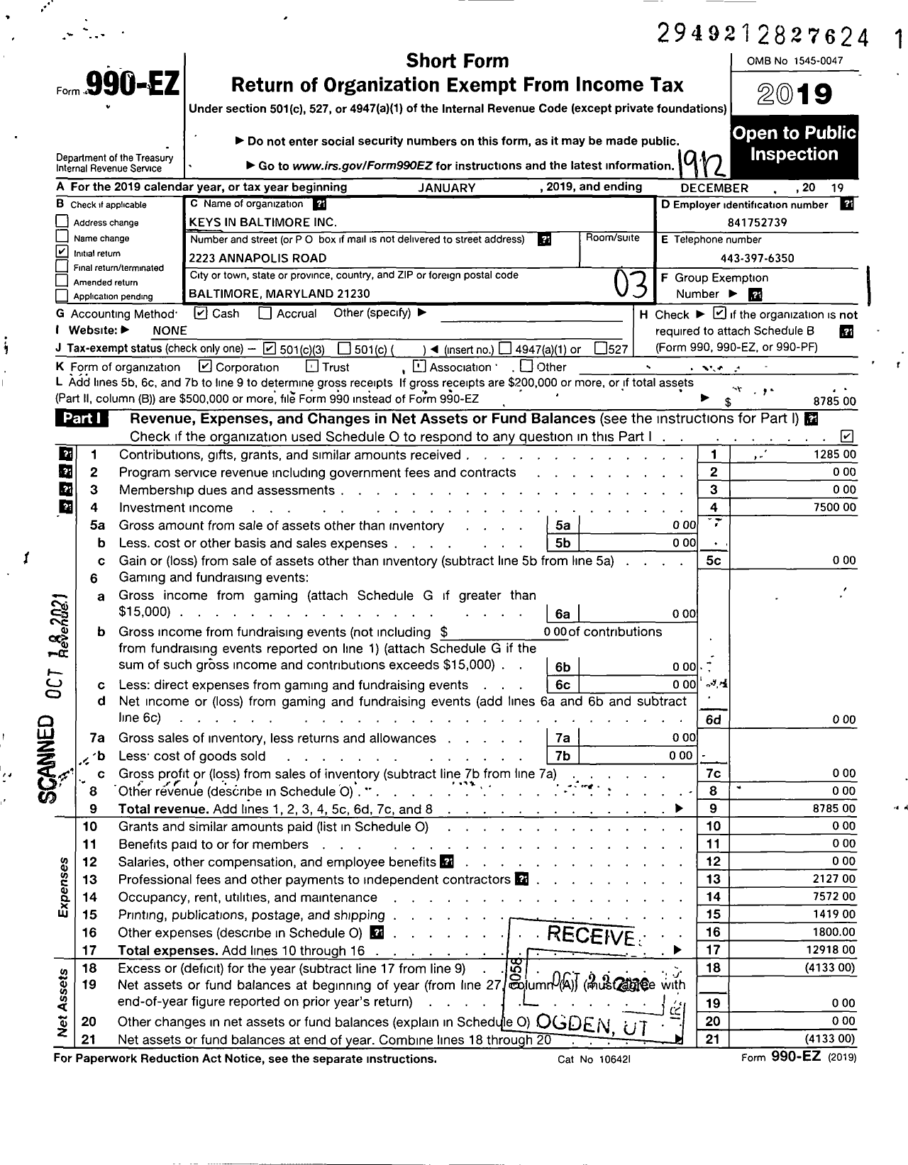 Image of first page of 2019 Form 990EZ for Keys in Baltimore