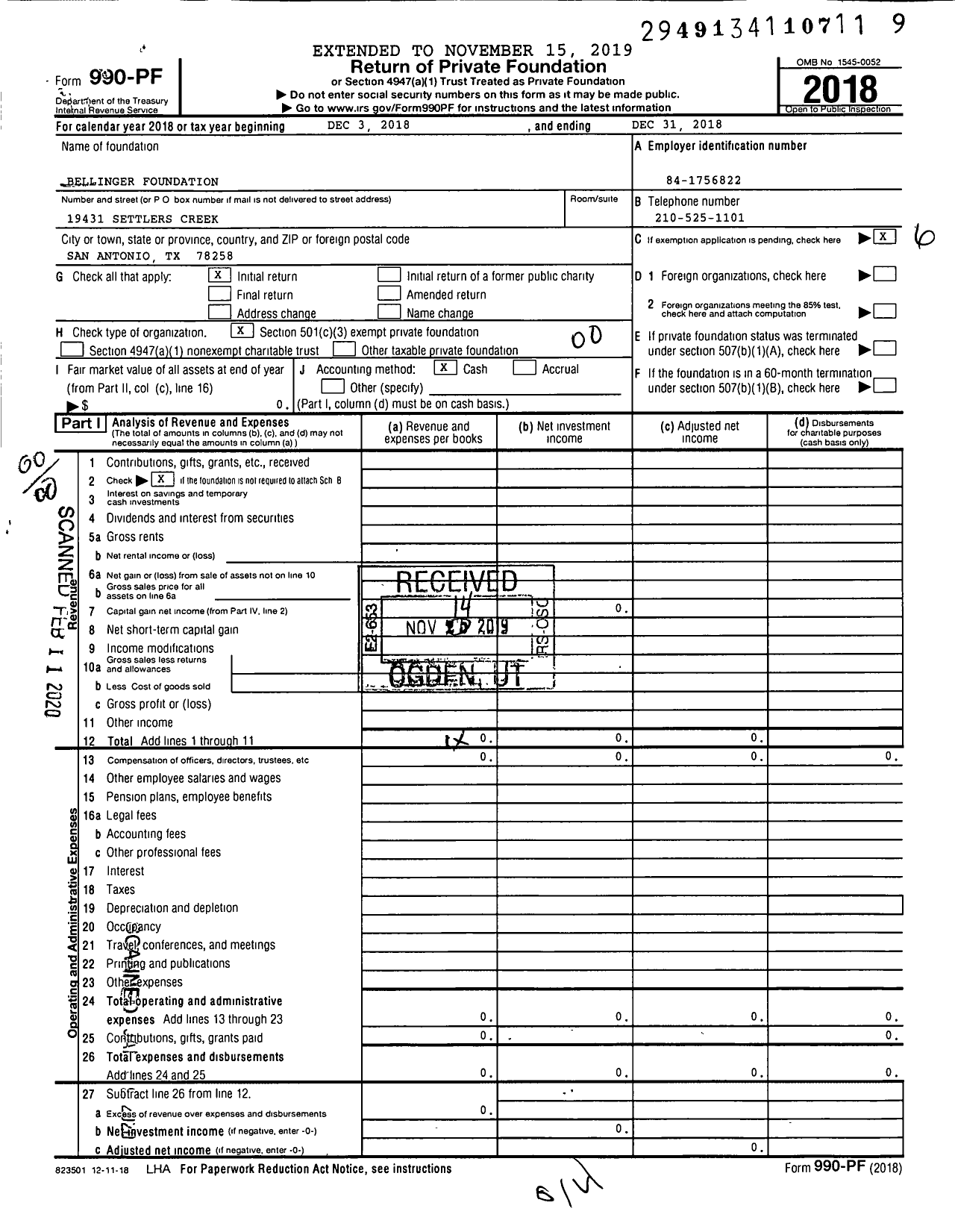 Image of first page of 2018 Form 990PF for Bellinger Foundation