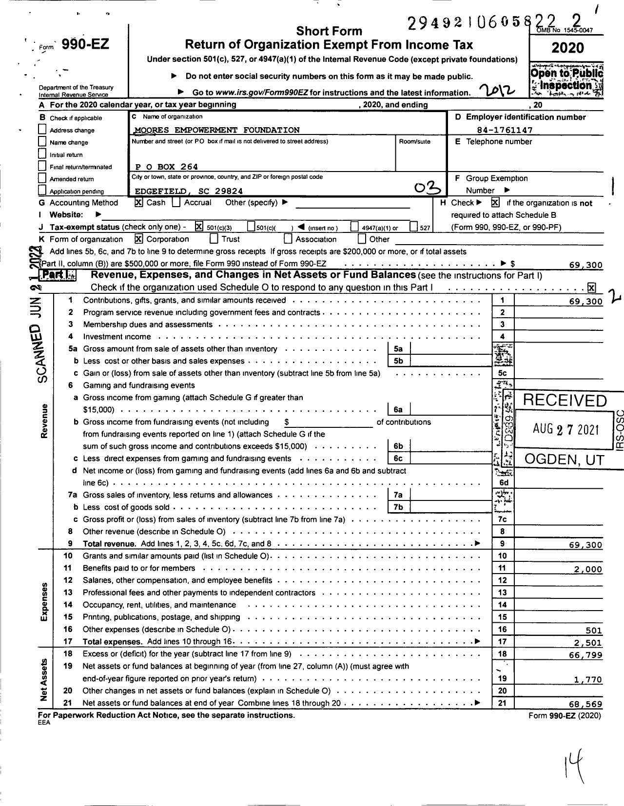 Image of first page of 2020 Form 990EZ for Moores Empowerment Foundation