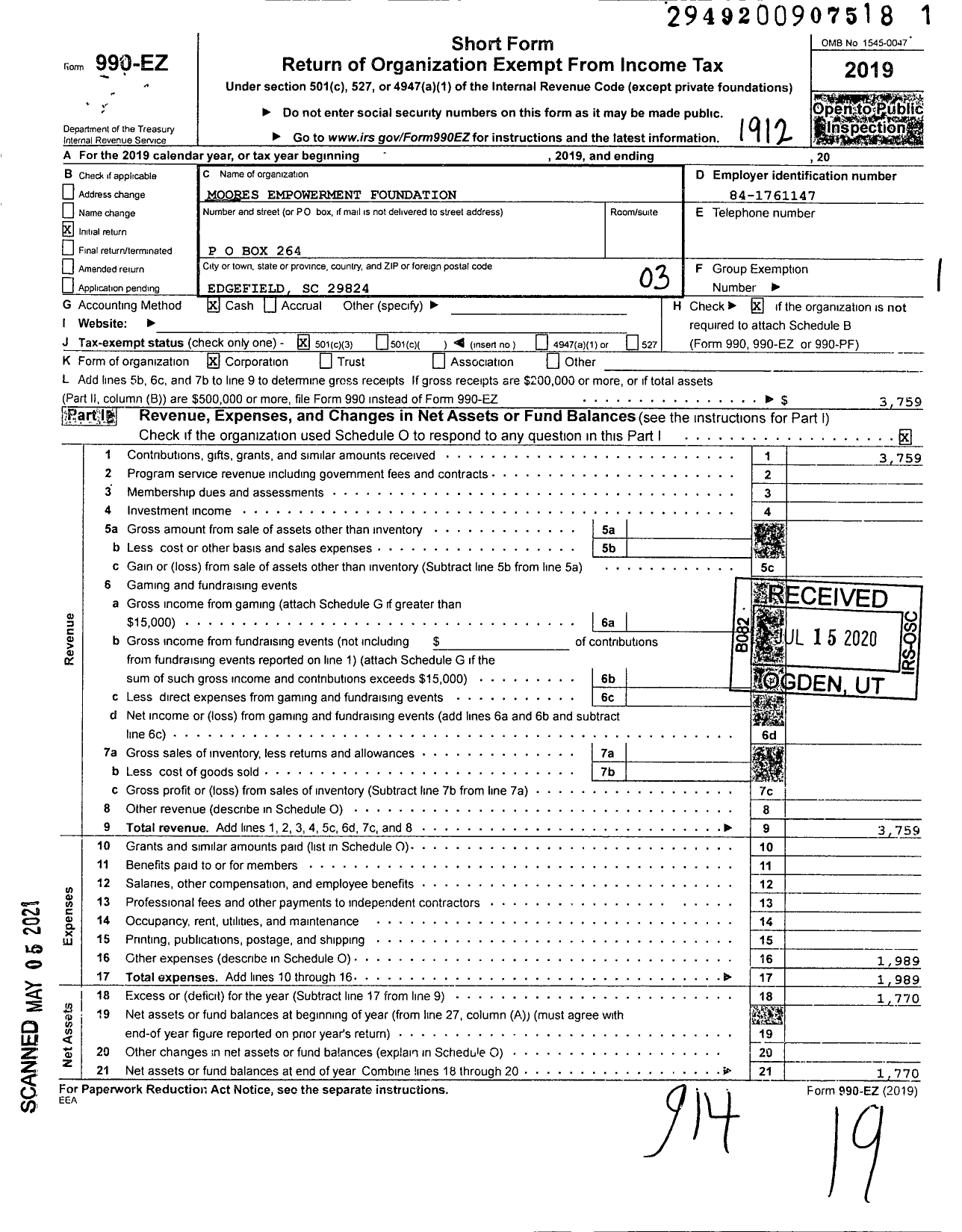 Image of first page of 2019 Form 990EZ for Moores Empowerment Foundation