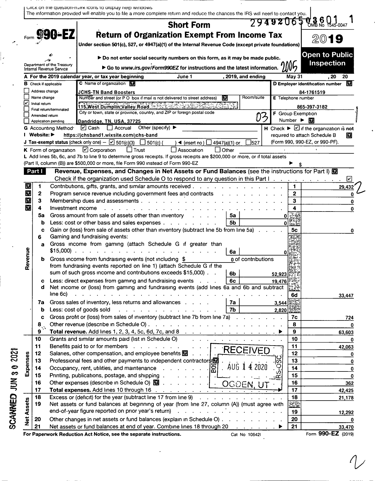 Image of first page of 2019 Form 990EZ for JCHS-TN Band Boosters