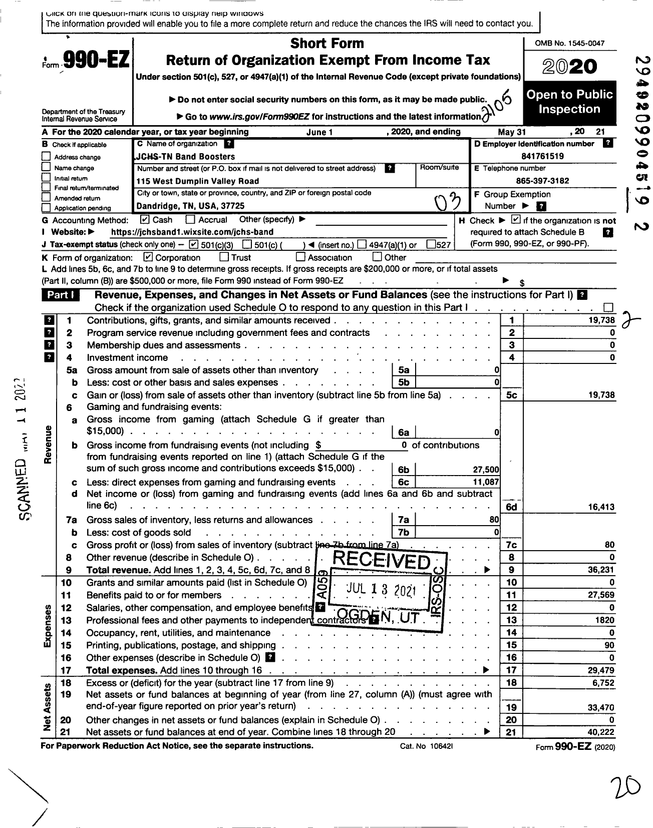 Image of first page of 2020 Form 990EZ for JCHS-TN Band Boosters