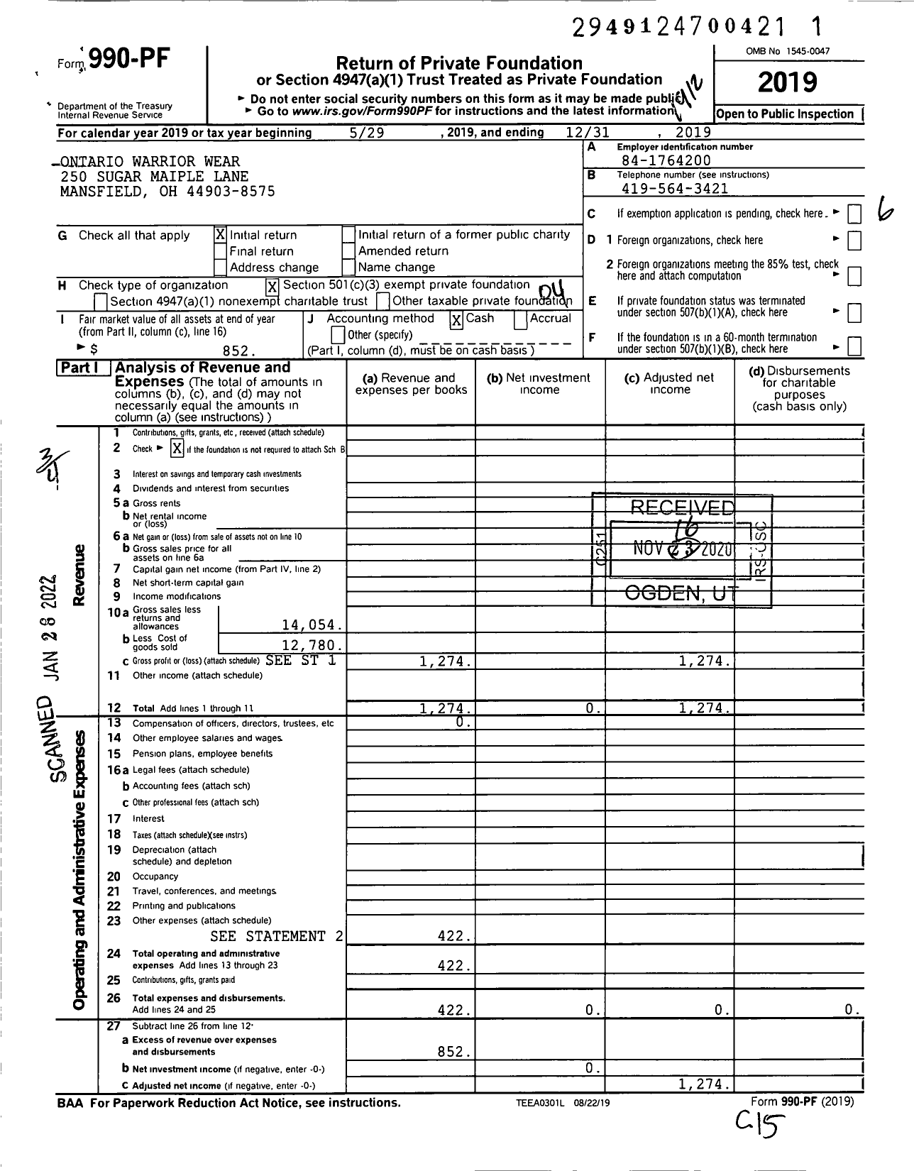 Image of first page of 2019 Form 990PF for Ontario Warrior Wear