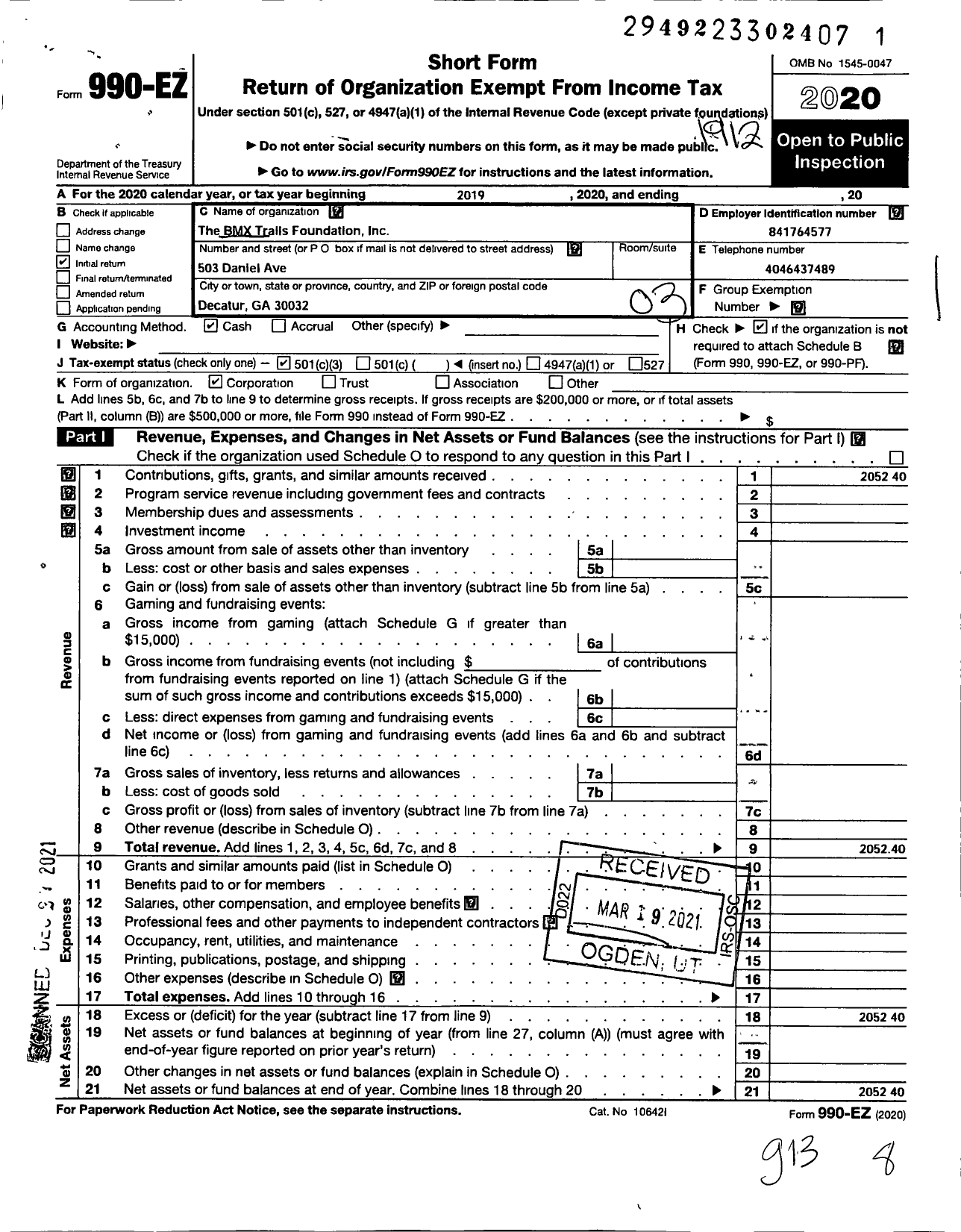 Image of first page of 2019 Form 990EZ for BMX Trails Foundation