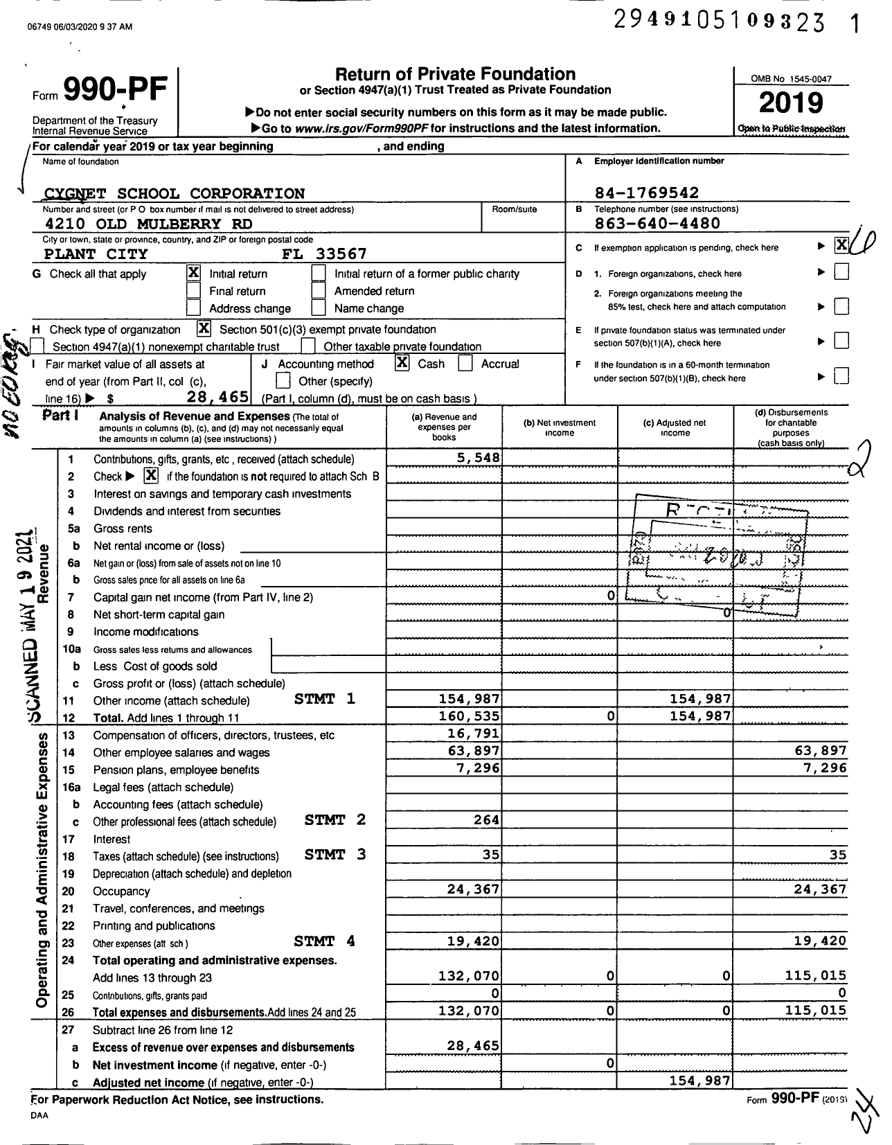 Image of first page of 2019 Form 990PF for Cygnet School Corporation