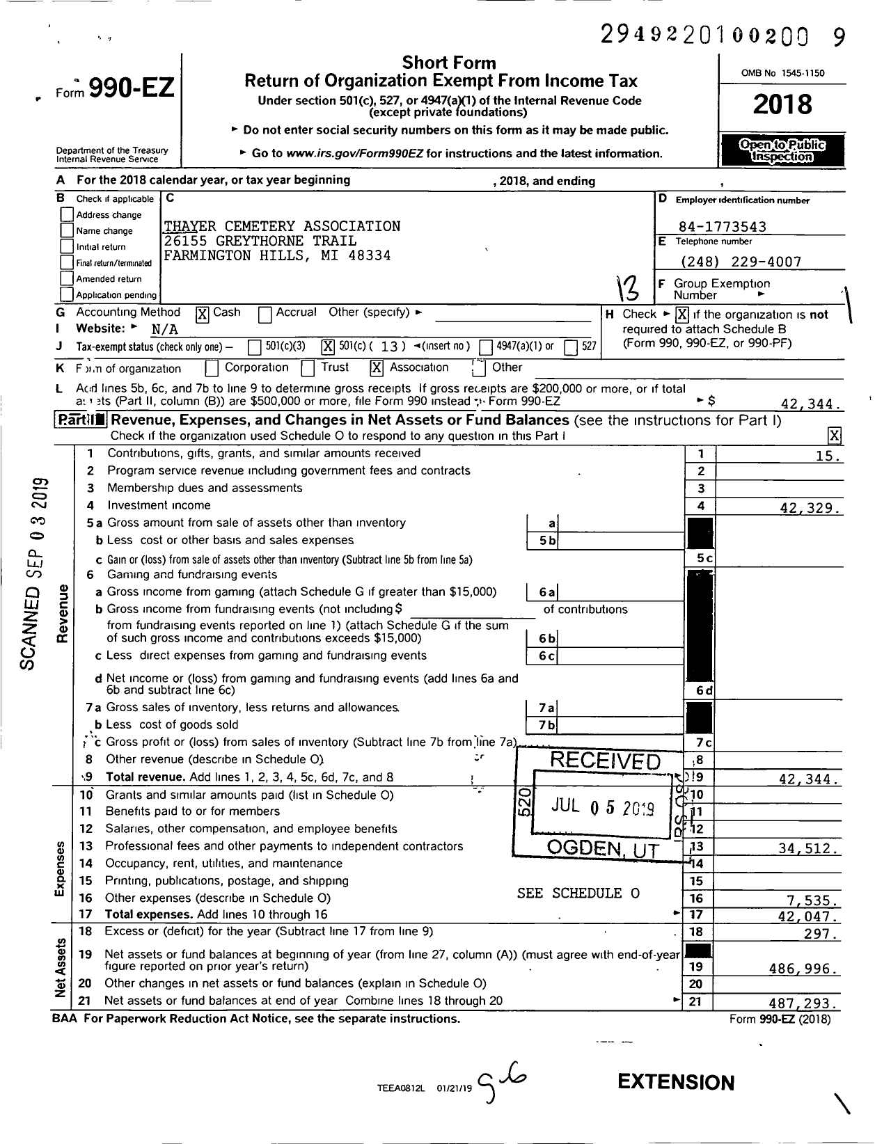 Image of first page of 2018 Form 990EO for Thayer Cemetery Association