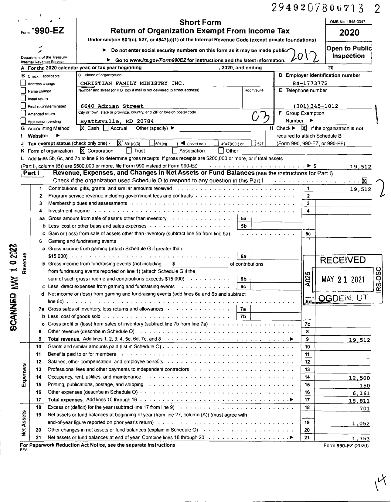 Image of first page of 2020 Form 990EZ for Christian Family Ministry / Iglesia Pentecostes Casa de Ayuda