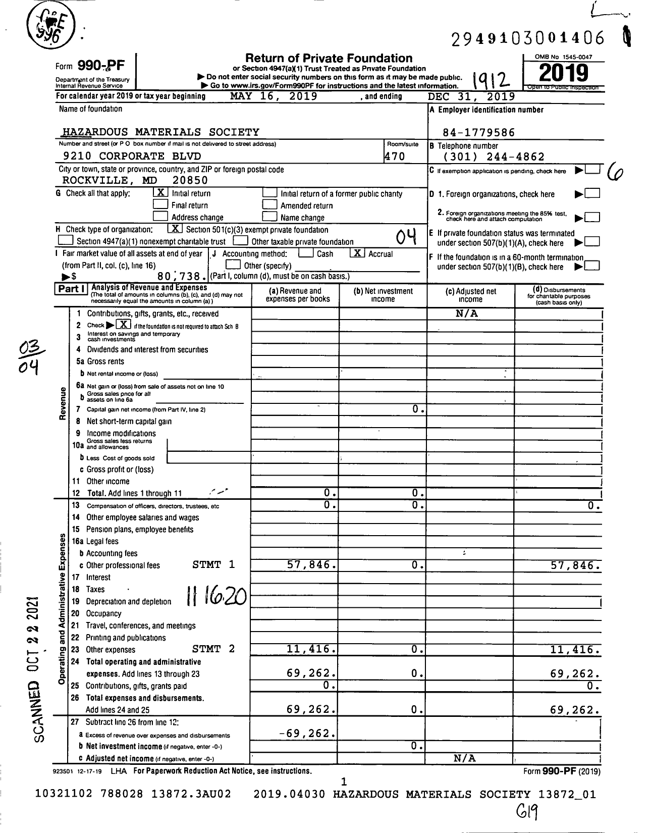 Image of first page of 2019 Form 990PF for Hazardous Materials Society