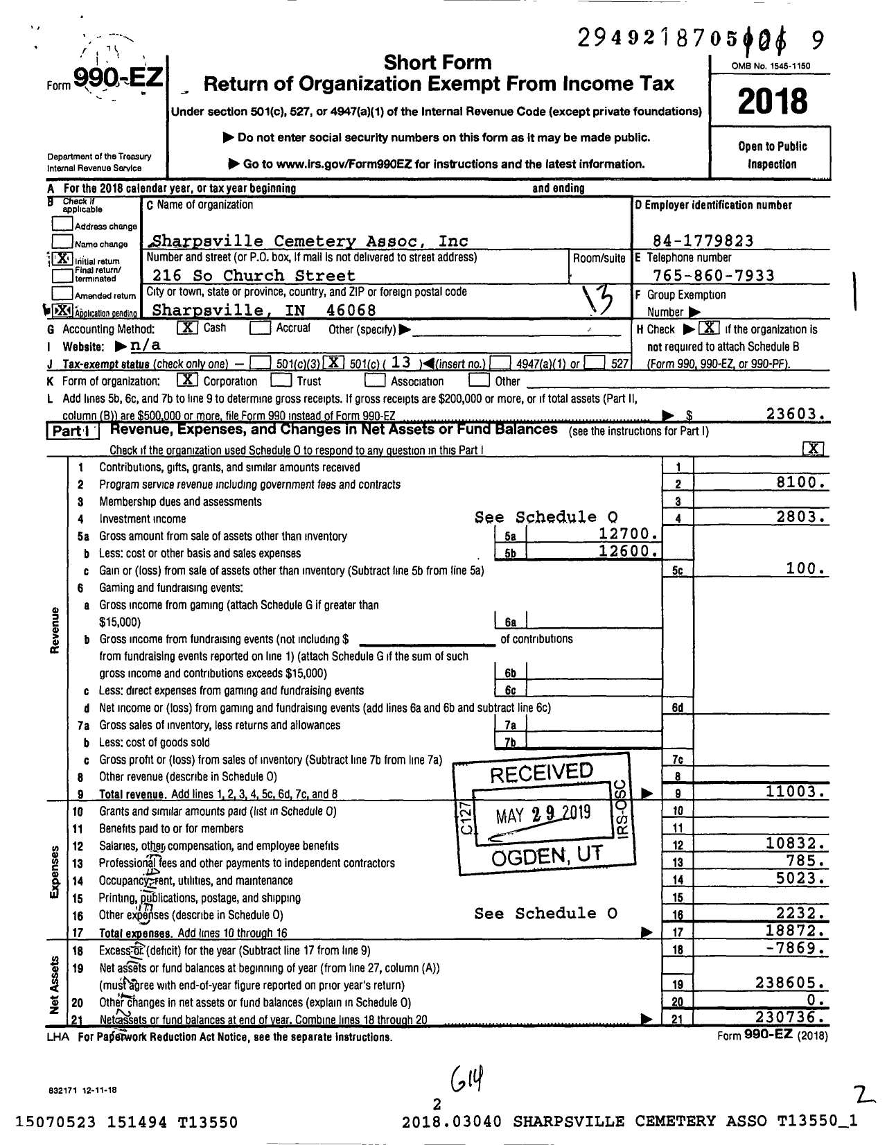 Image of first page of 2018 Form 990EO for Sharpsville Cemetery Association