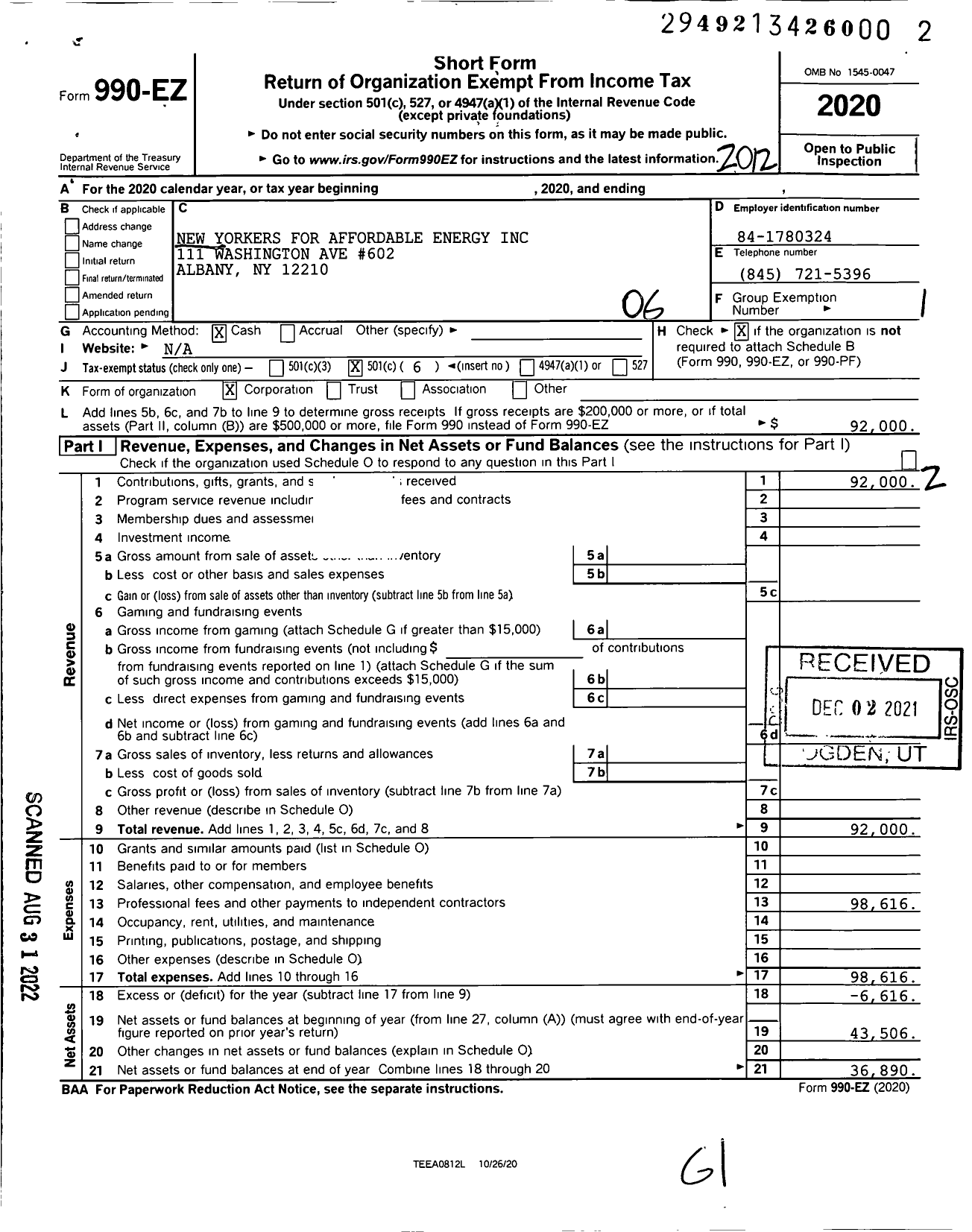 Image of first page of 2020 Form 990EO for New Yorkers for Affordable Energy